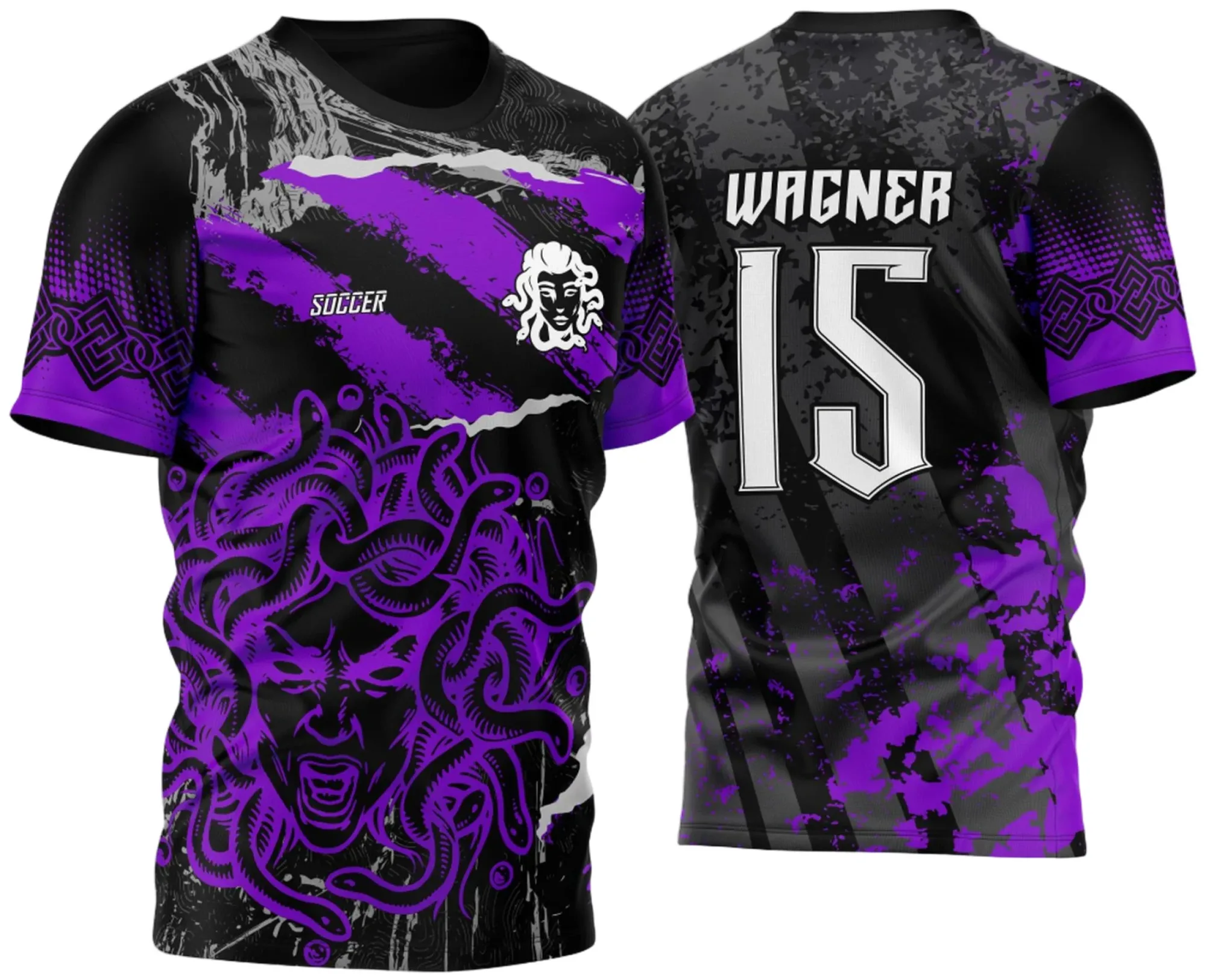 Camiseta unissex preta com logo no peito e estampa grande nas costas inspirada em Medusa em Fúria 2023, ideal para quem busca estilo e atitude em eventos InterClasse.