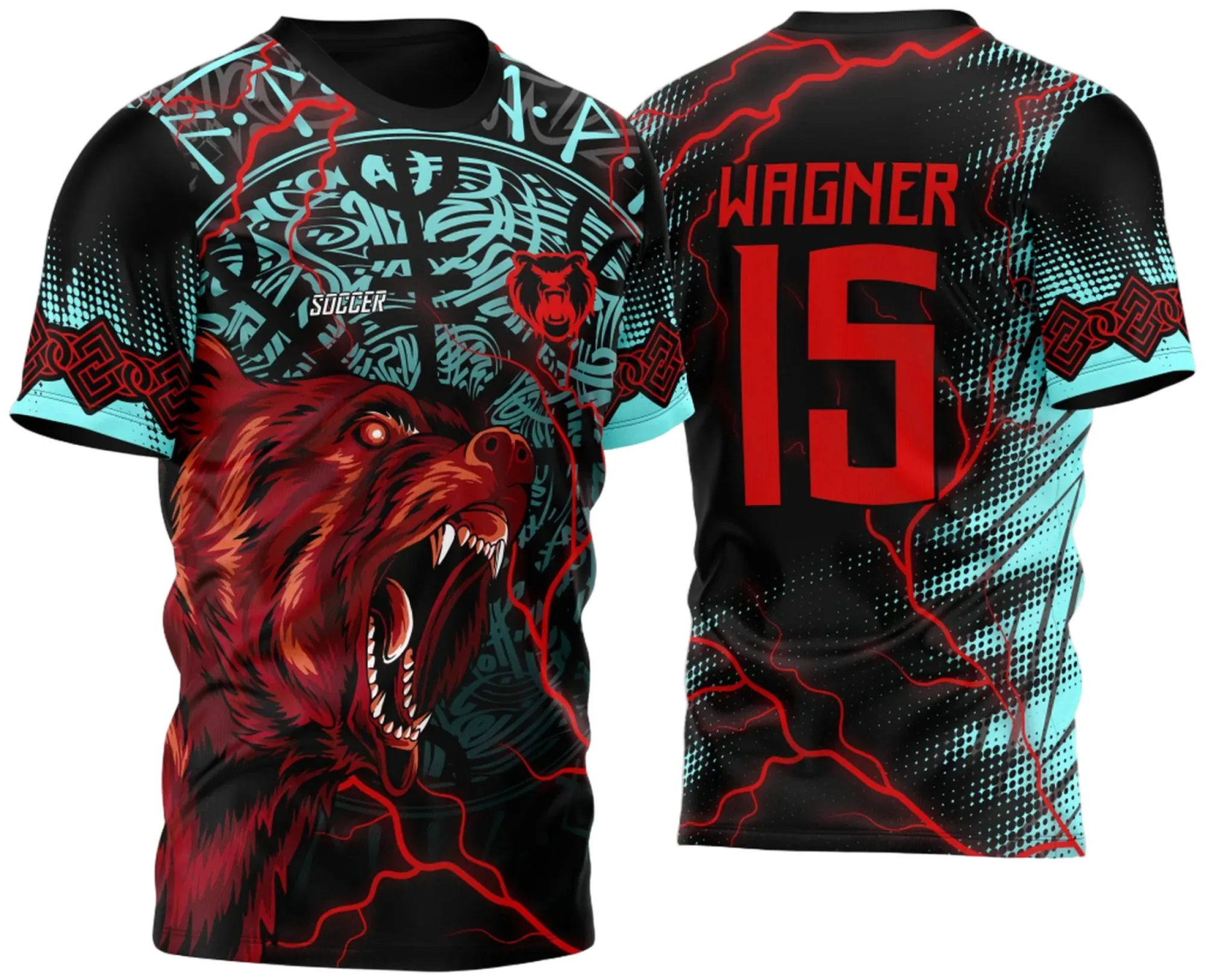 Camiseta unissex preta com logo no peito e estampa grande nas costas do Urso Feroz Celta 2023, estilo InterClasse, destacando força e identidade do time com design moderno e impactante.