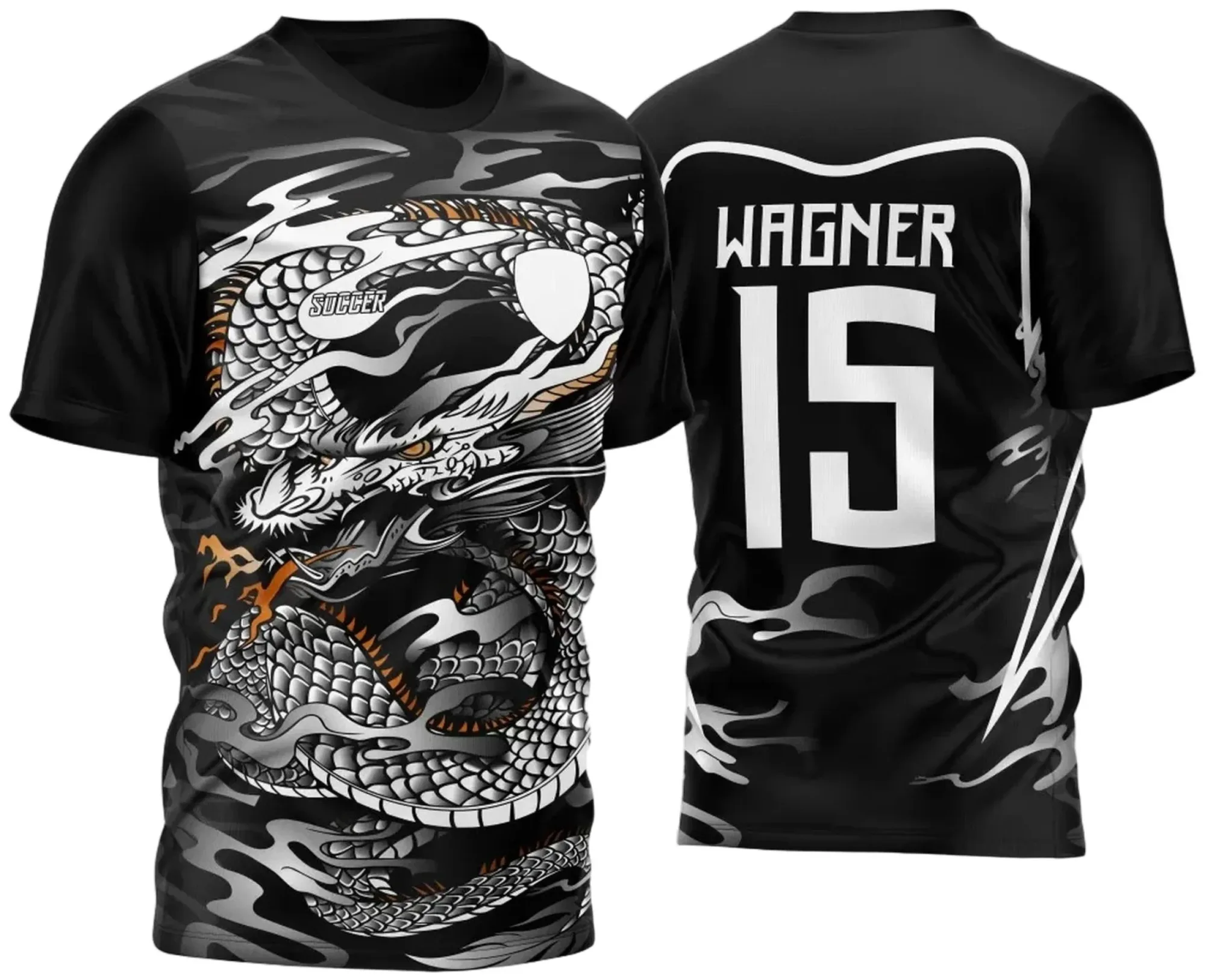 Camiseta unissex preta com logo no peito e estampa grande nas costas do tema InterClasse Dragão Venus 2023, ideal para fãs e eventos especiais com estilo moderno e marcante.