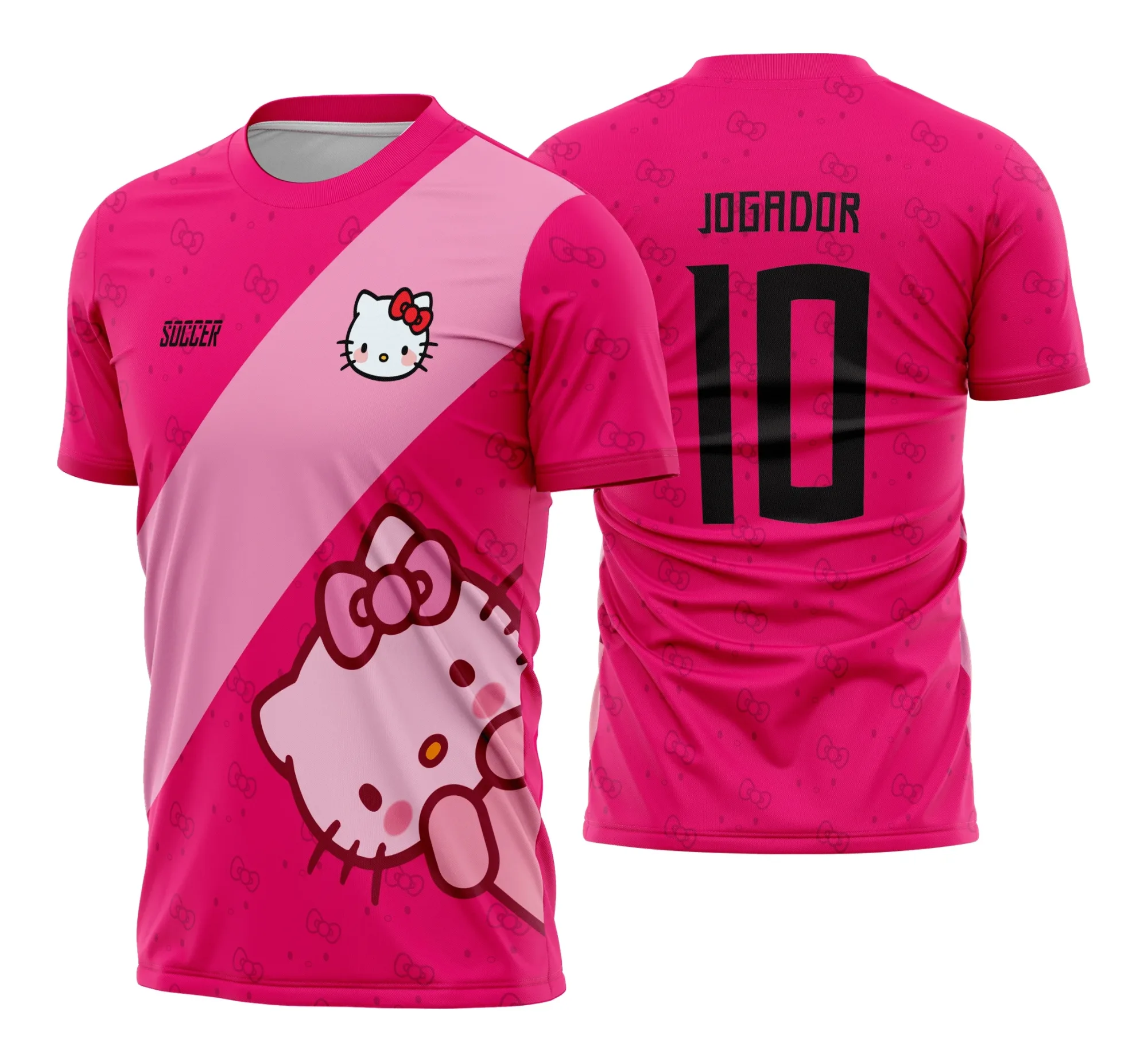 Camiseta unissex branca com logo no peito e estampa grande nas costas do tema Para InterClasse Hello Kitty 2026 Rosa, visual moderno e atraente para fãs da personagem.