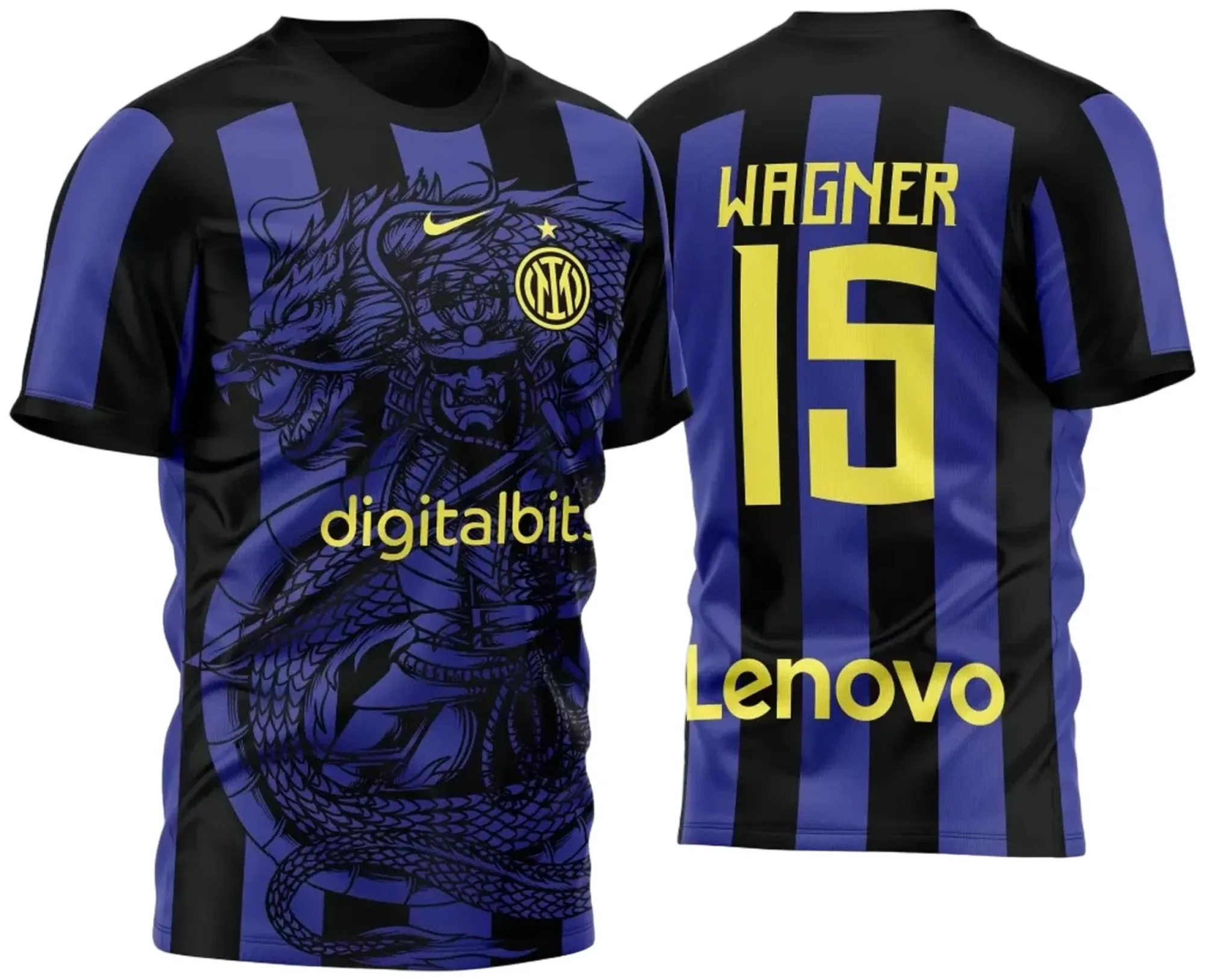 Camiseta unissex preta com logo no peito e estampa grande nas costas inspirada no tema InterClasse Dragão e Samurai 2023 do Inter de Milan.