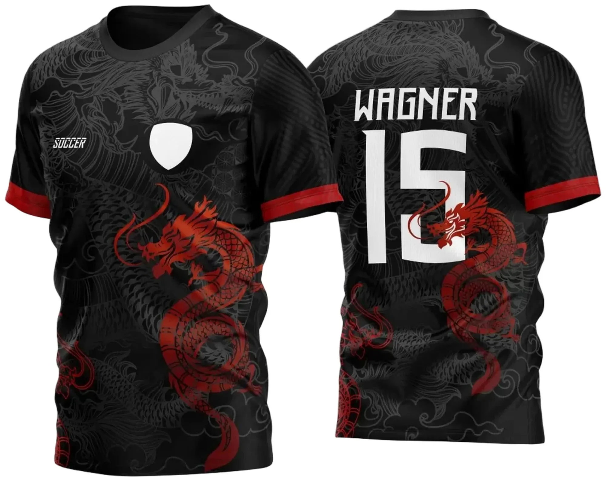 Camiseta unissex preta com logo no peito e estampa grande nas costas mostrando um dragão vermelho vibrante, tema InterClasse 2023, estilo moderno e marcante.