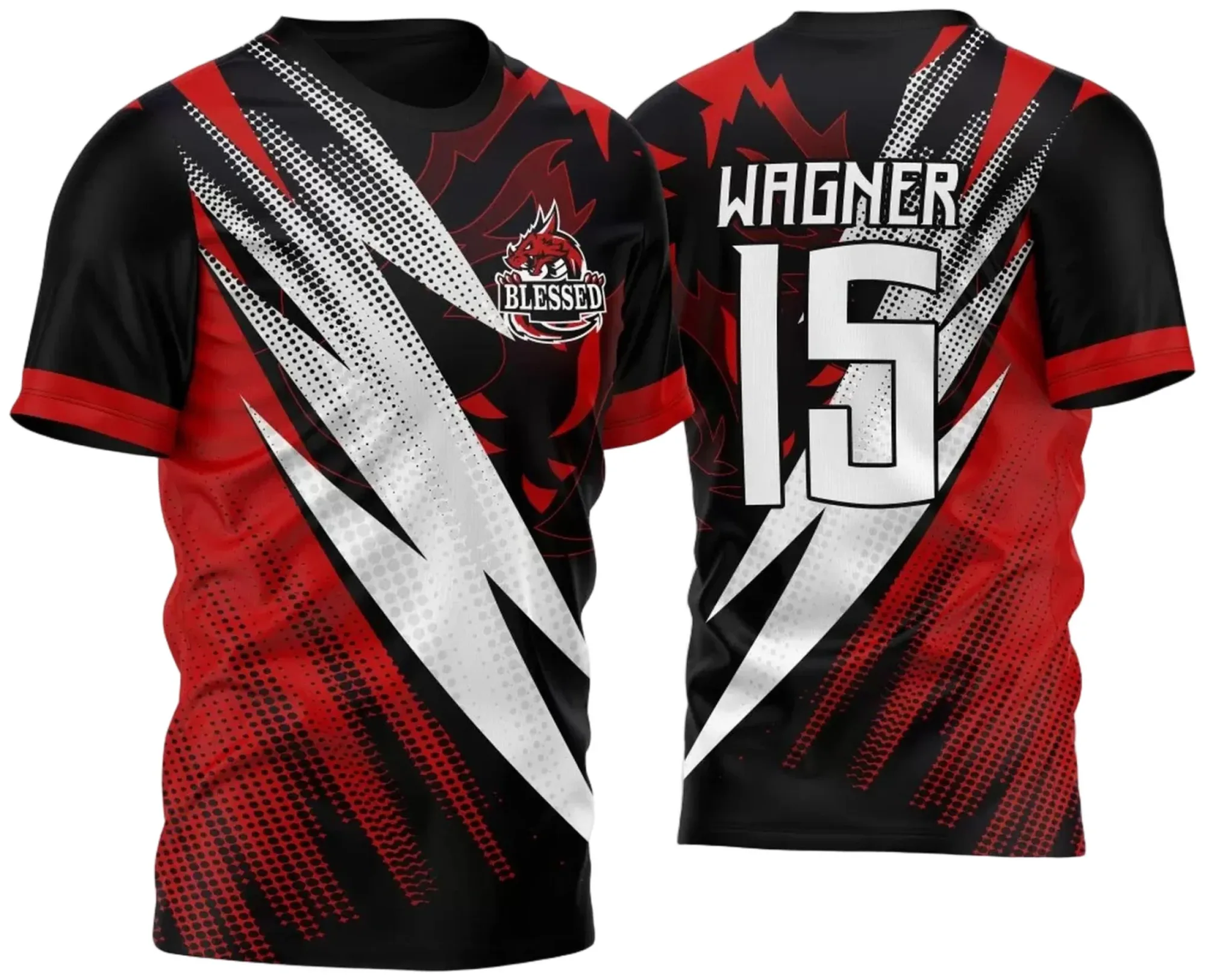 Camiseta unissex preta com logo no peito e estampa grande nas costas do Dragão Vermelho para InterClasse 2023, design marcante e vibrante.