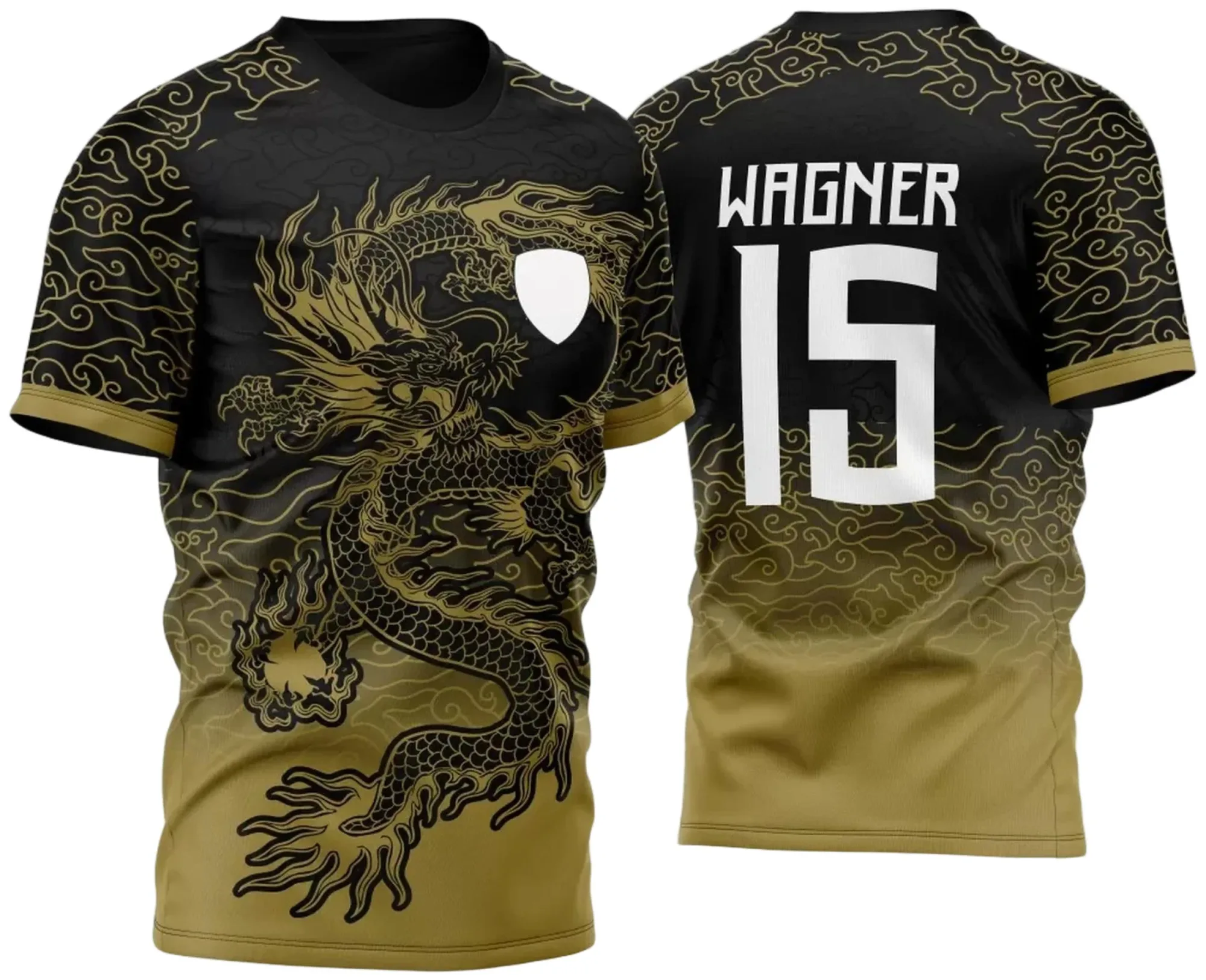 Camiseta unissex com logo no peito e estampa grande nas costas com tema Dragão Dourado para InterClasse 2023, cor preta, estilo moderno e vibrante.