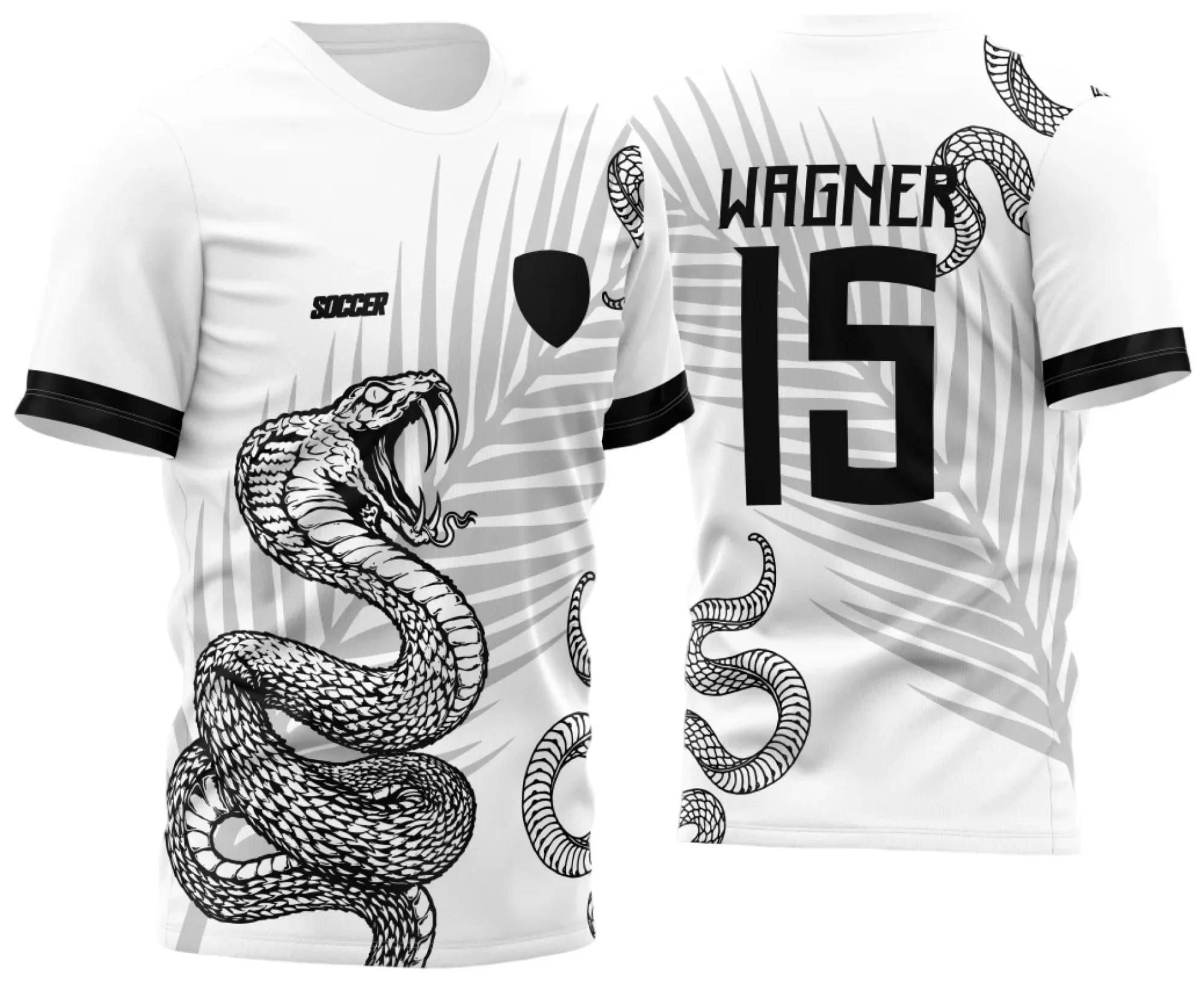 Camiseta unissex branca com logo no peito e estampa grande nas costas com tema Cobra Folha Palmeira 2023, design moderno e vibrante para ocasiões descontraídas.