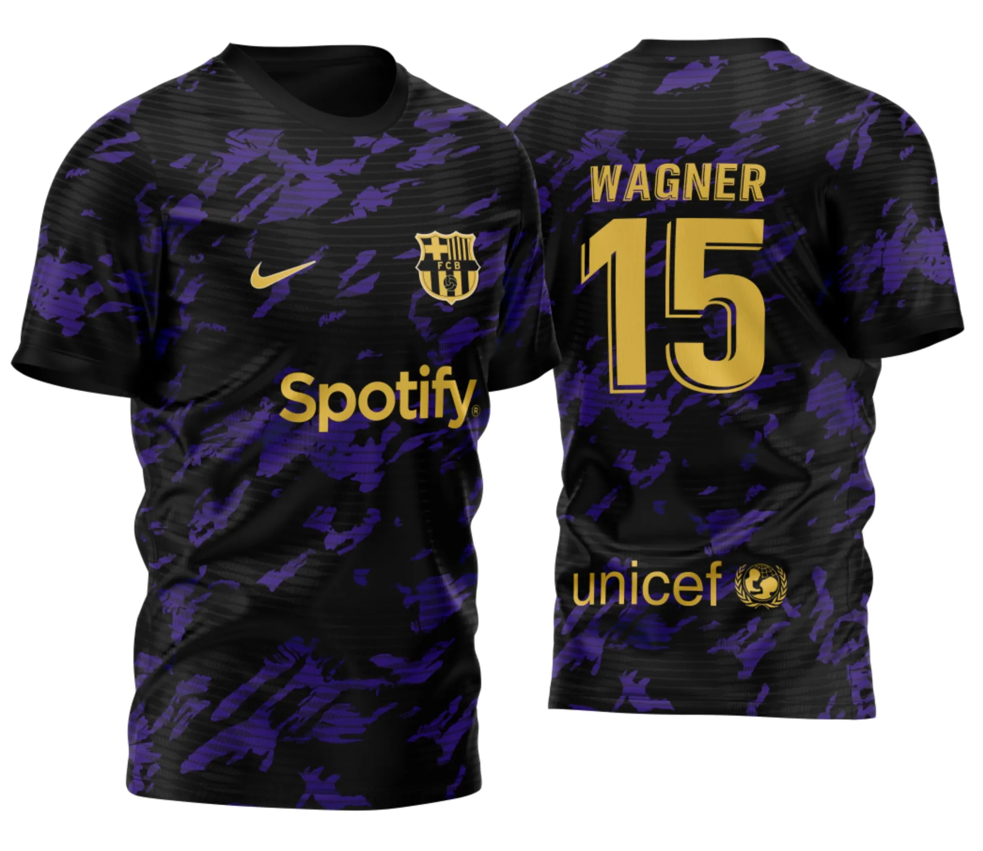 Camiseta unissex preta com logo no peito e estampa grande nas costas com tema de InterClasse Barcelona camuflagem roxa 2023, perfeita para eventos e uso casual.