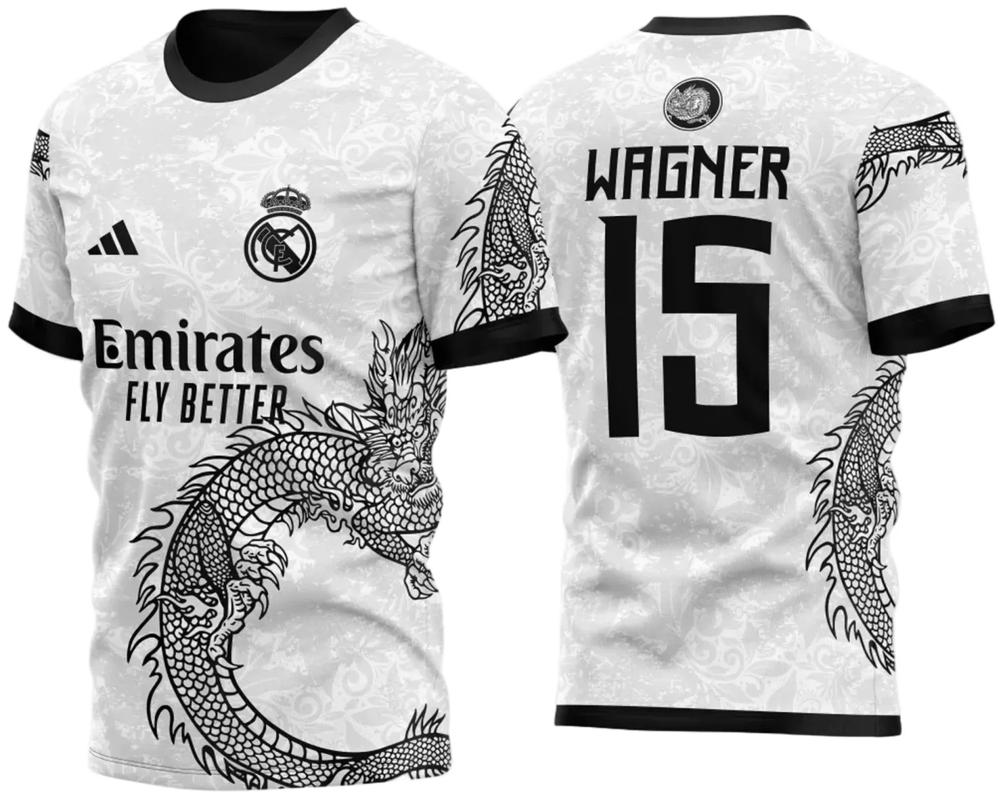 Camiseta unissex preta com logo no peito e estampa grande nas costas, inspirada no InterClasse Real Madrid Dragão B 2023, estilo esportivo marcante e vibrante.