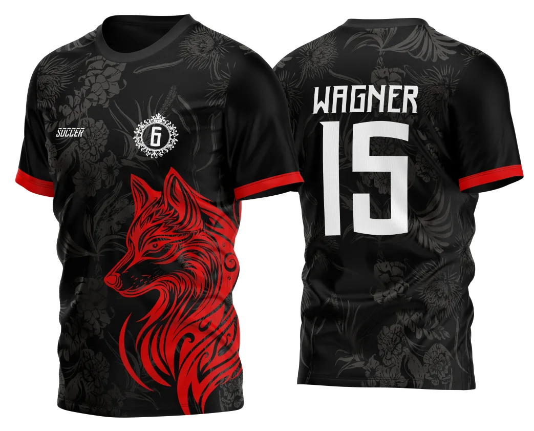 Camiseta unissex preta com logo no peito e estampa grande nas costas mostrando o tema Fox Lobo Coiote Tribal 2023, visual moderno e impactante, ideal para eventos e uso casual.