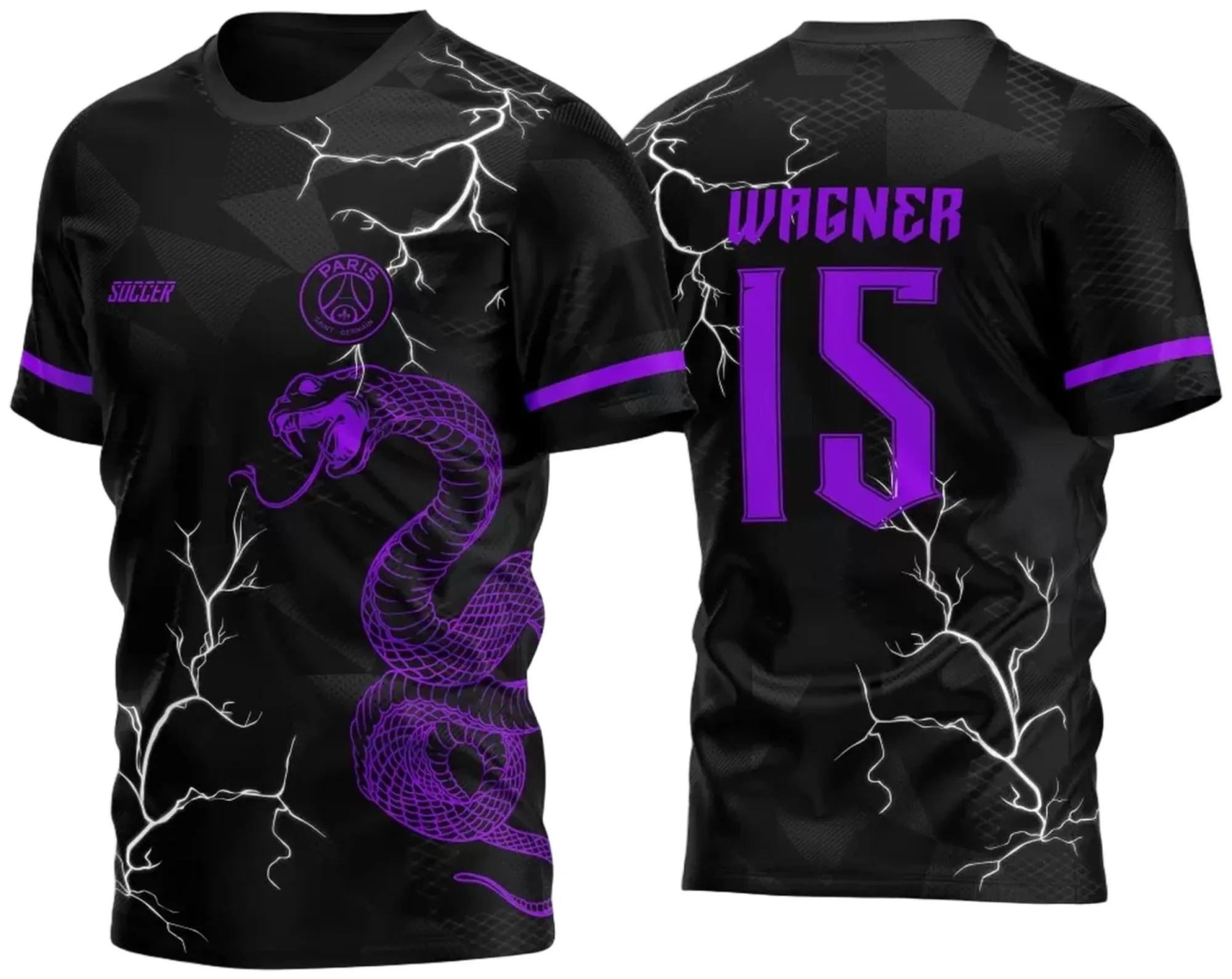 Camiseta preta unissex com logo no peito e estampa grande nas costas do InterClasse PSG Cobra Roxa 2023, design moderno e atraente para uso casual e eventos temáticos.