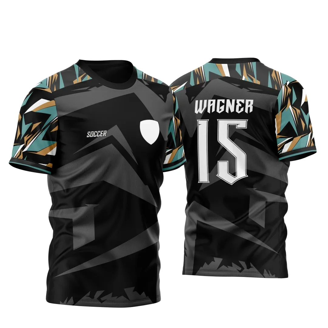 Camiseta unissex preta com logo no peito e estampa grande nas costas, com fundo geométrico e design para InterClasse 2023 Mod2, perfeita para uso casual e eventos escolares.