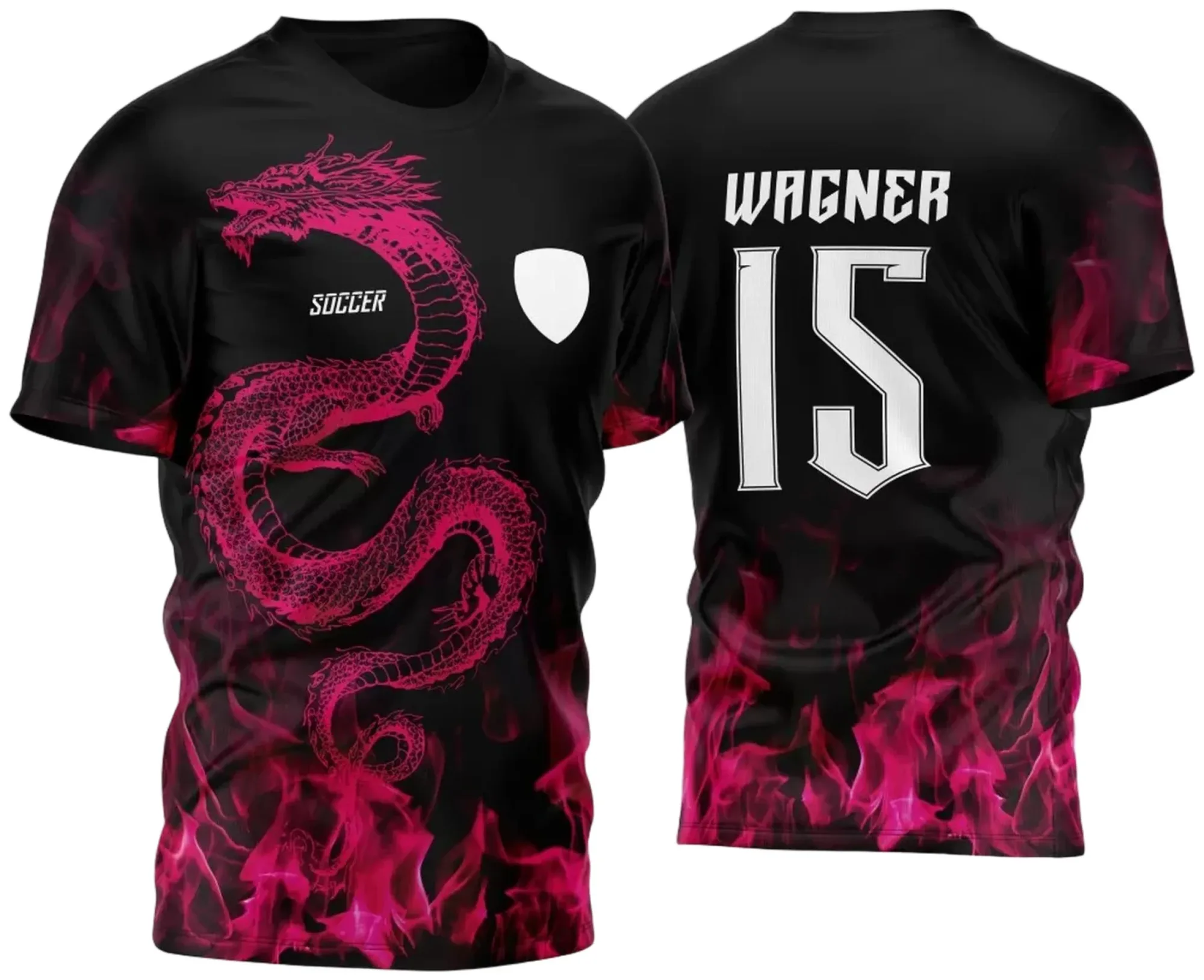 Camiseta unissex com base preta, logo no peito e estampa grande nas costas com tema do Dragão Fogo Rosa para InterClasse 2023, destacando estilo único e vibrante.