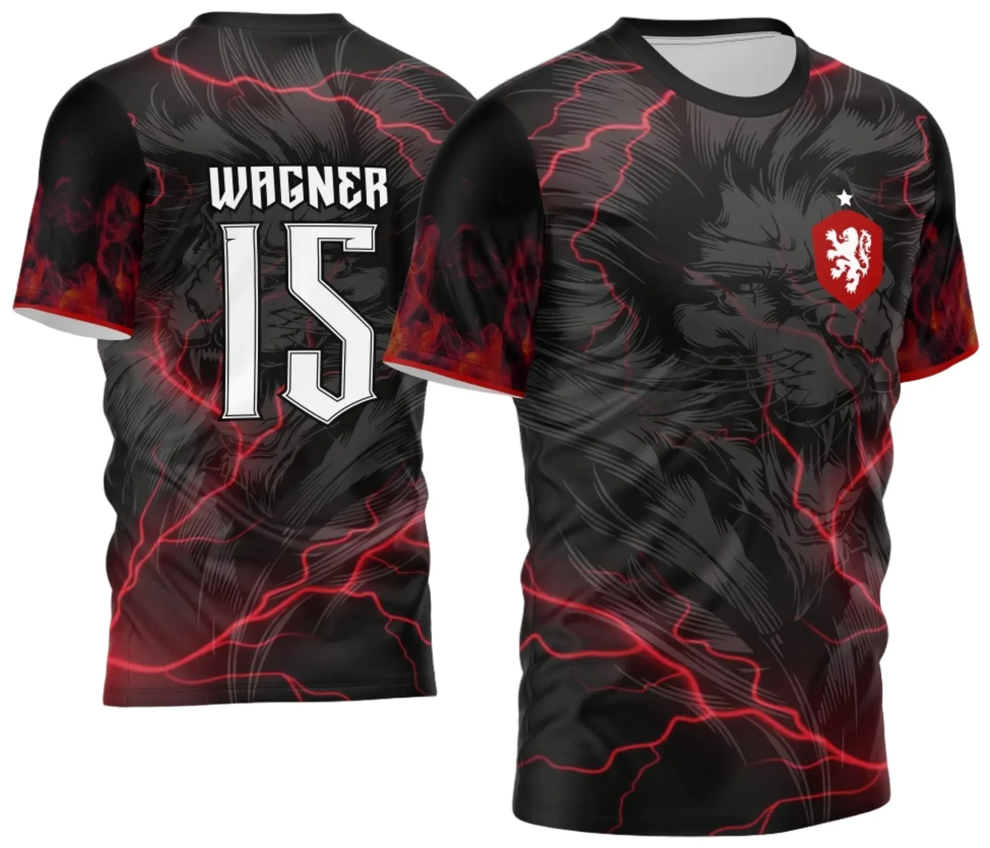 Foto de camiseta unissex preta com logo no peito e estampa grande nas costas mostrando um leão com raios, perfeito para quem busca estilo e atitude em camisas exclusivas.