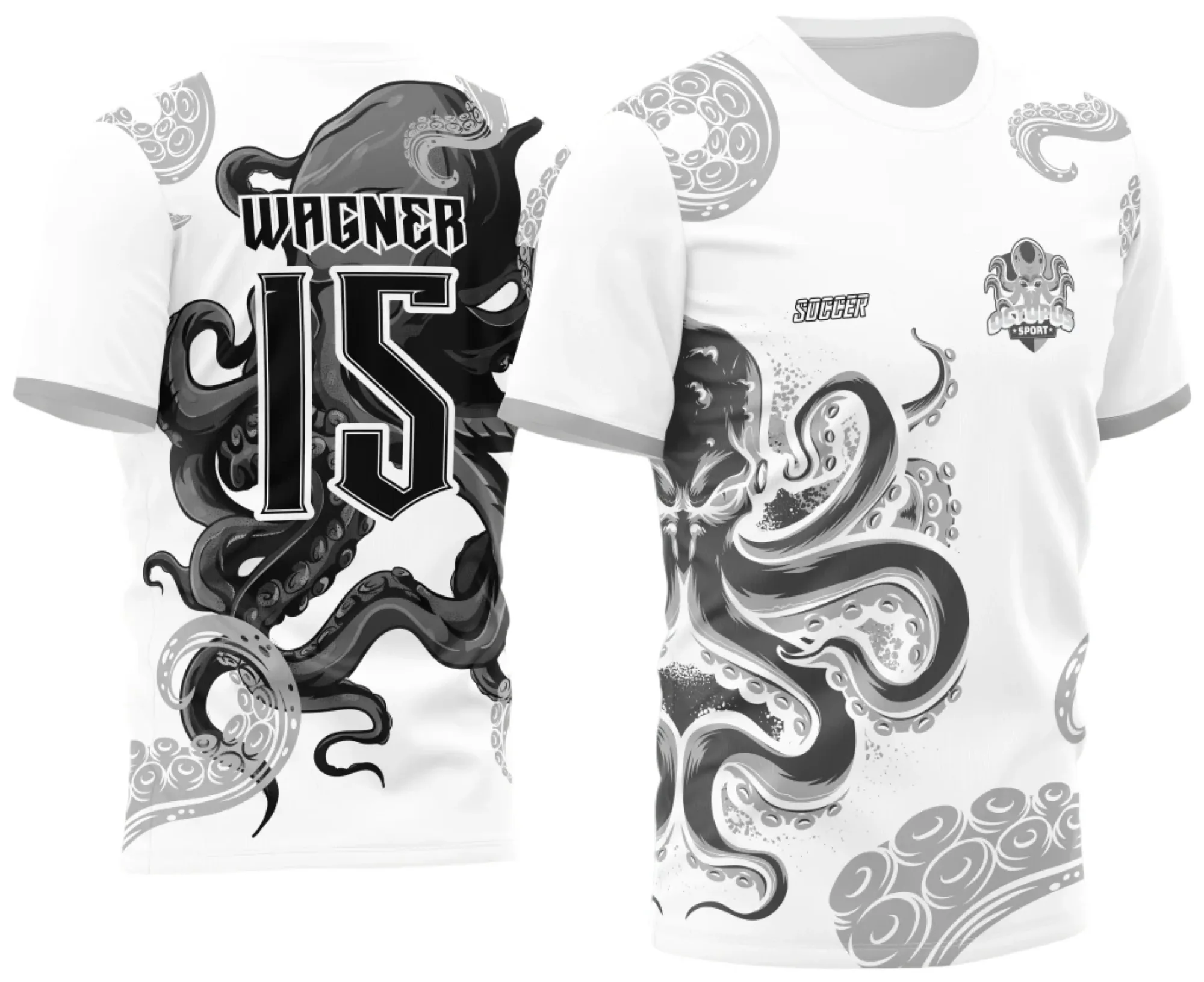 Camiseta unissex branca com logo no peito e estampa grande nas costas com design de polvo em preto destacando o tema InterClasse Polvo, perfeita para quem busca estilo moderno e confortável.