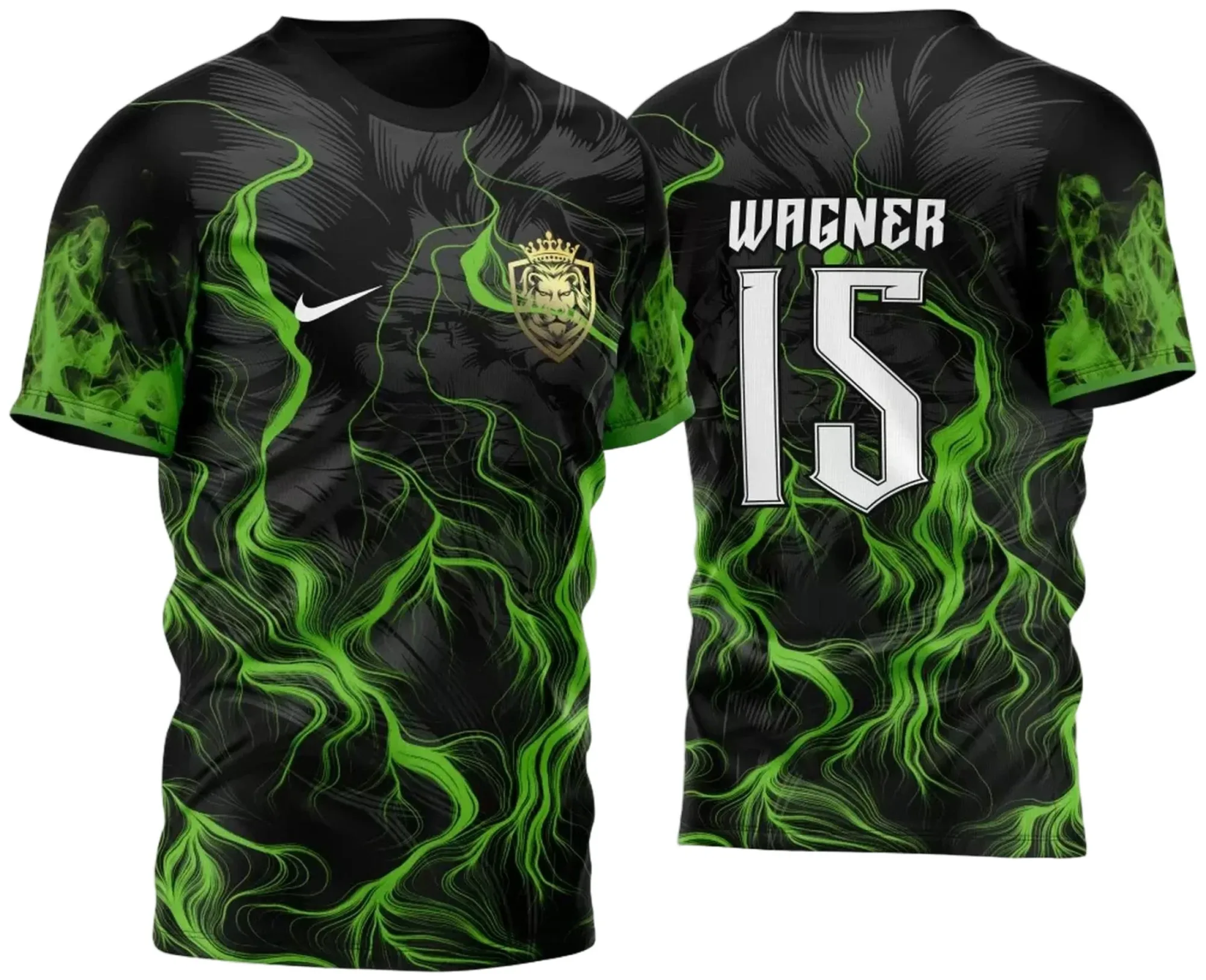 Camiseta unissex preta com logo no peito e estampa grande nas costas do Leão em fogo verde, design impactante para fãs da InterClasse, ideal para uso casual e eventos.