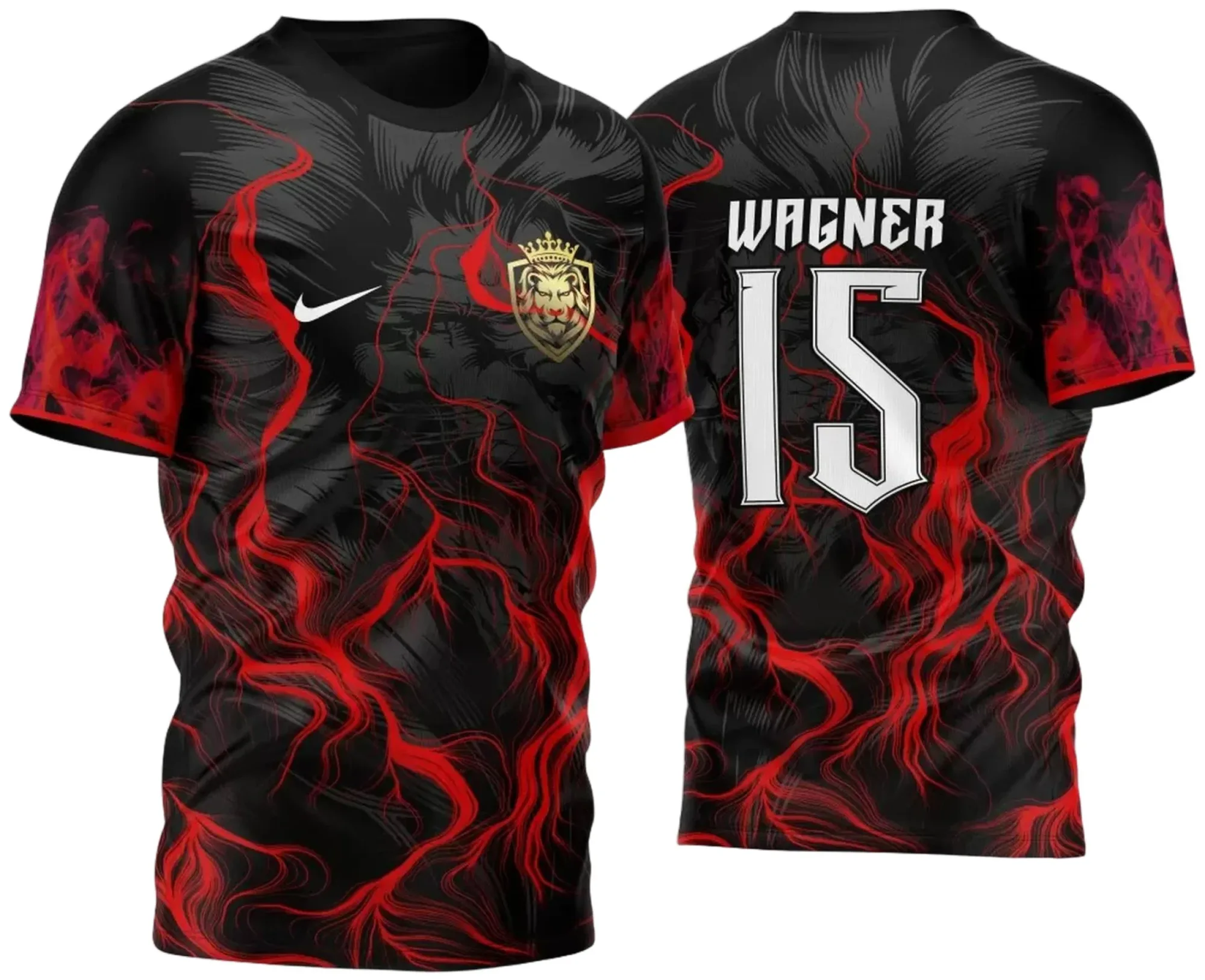 Camiseta unissex preta com logo no peito e estampa grande nas costas mostrando um Leão em fogo vermelho, perfeita para eventos ou uso casual com design marcante e vibrante.