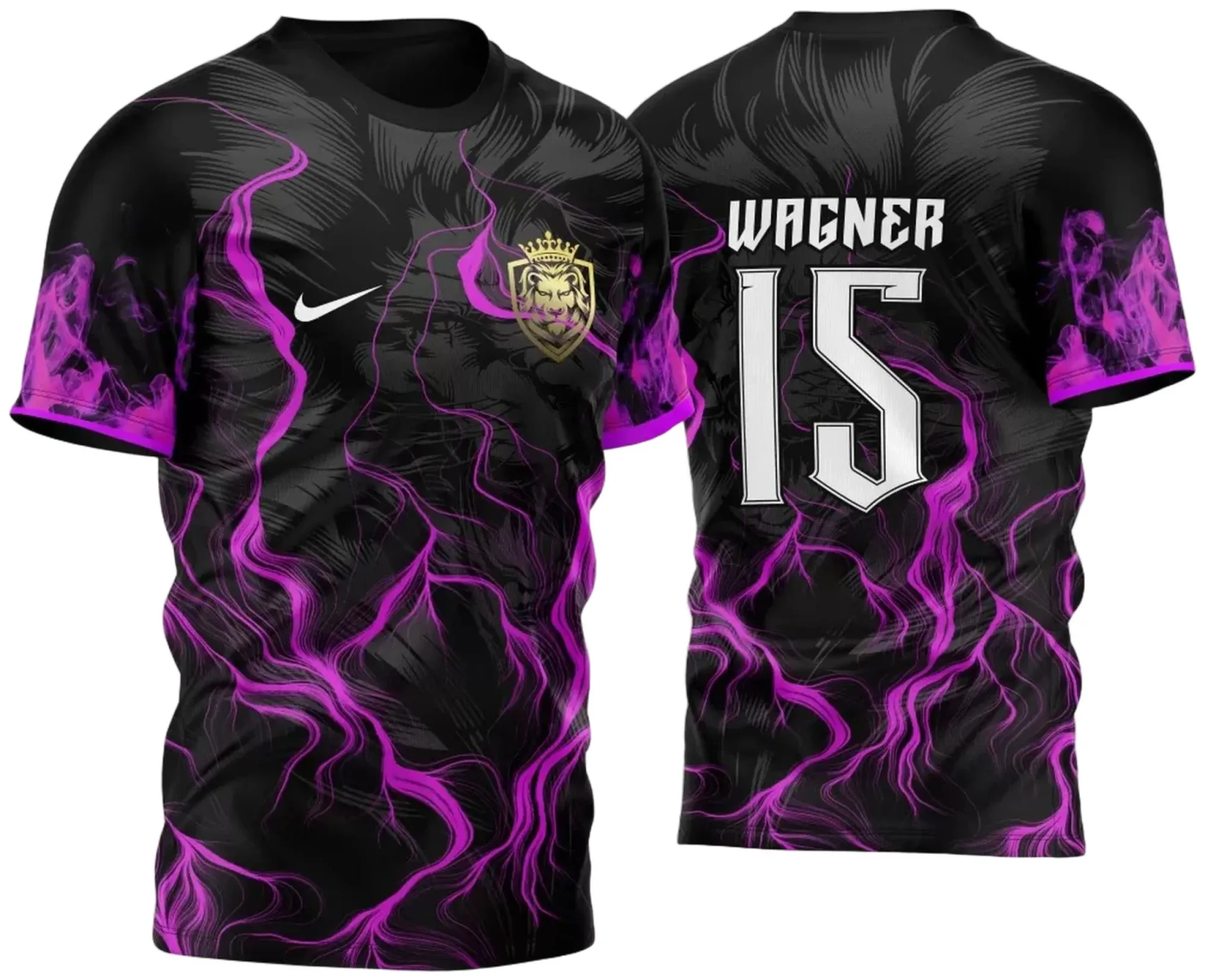 Camiseta unissex preta com logo no peito e estampa grande nas costas do tema InterClasse Leão Fogo Rosa, perfeita para quem busca estilo e identidade única.