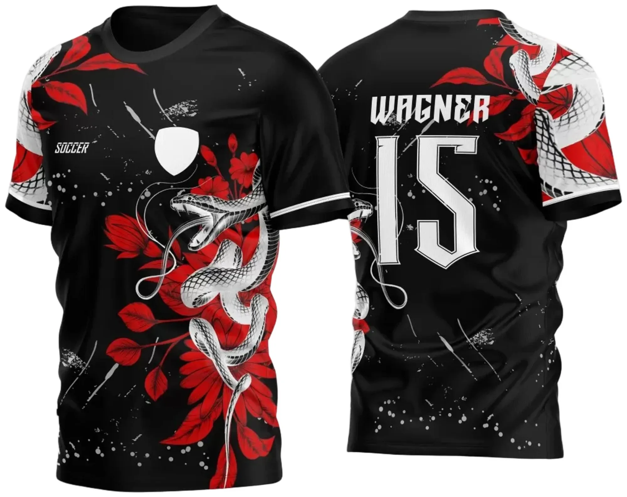 Camiseta unissex preta com logo no peito e estampa grande nas costas de cobra floral em tons vermelhos, perfeita para fãs do InterClasse Ataque 2023.