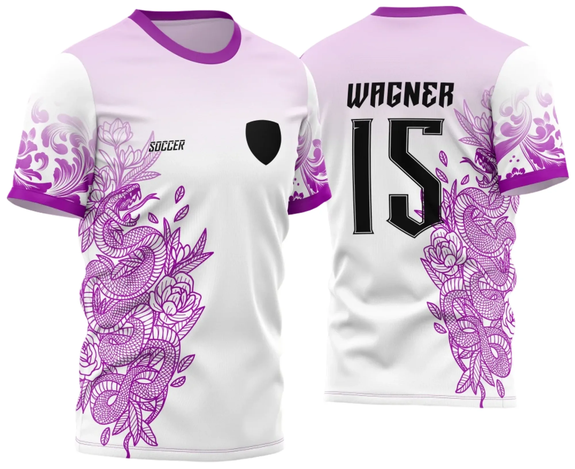 Camiseta unissex branca com logo no peito e estampa grande nas costas mostrando cobra floral rosa, design vibrante e moderno para quem busca estilo e conforto.