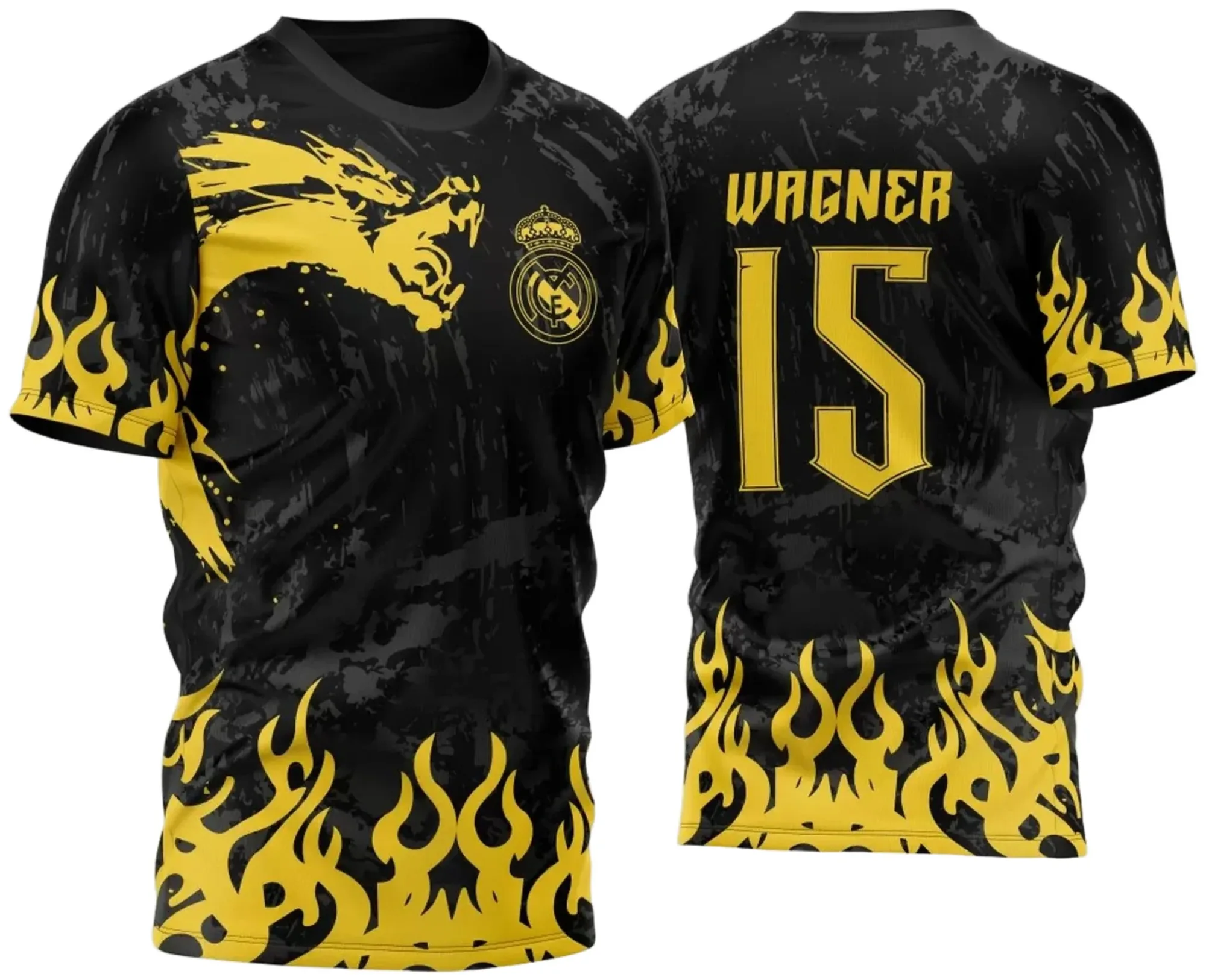 Camiseta unissex com cor base preta, logo no peito e estampa grande nas costas inspirada no Pincel Dragão do Real Madrid InterClasse 2023 amarela, estilo marcante e moderno para torcedores e fãs.