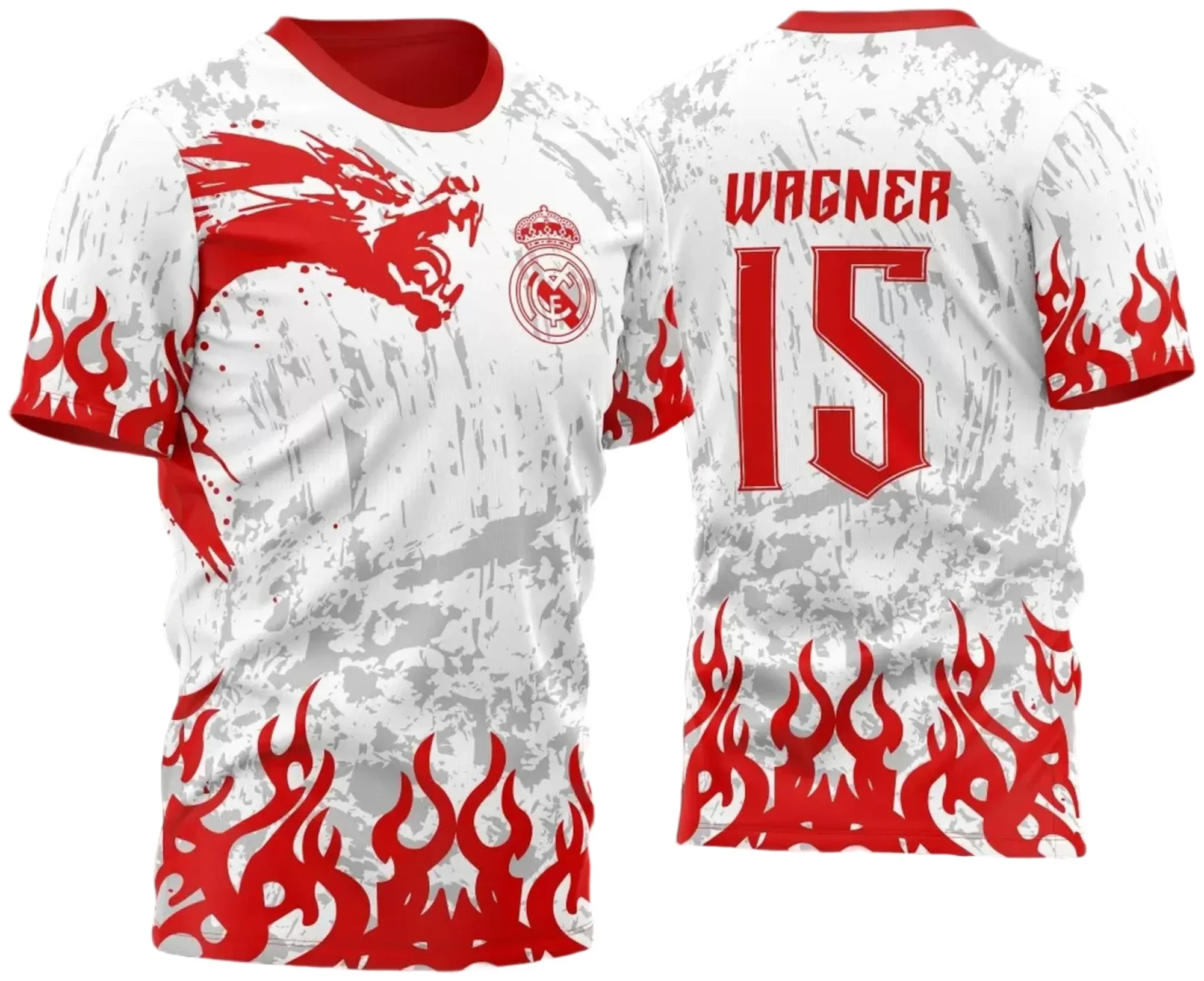 Camiseta unissex branca com logo no peito e estampa grande nas costas com tema InterClasse Real Madrid Pincel Dragão 2023, detalhes em vermelho destacam o design esportivo e moderno.