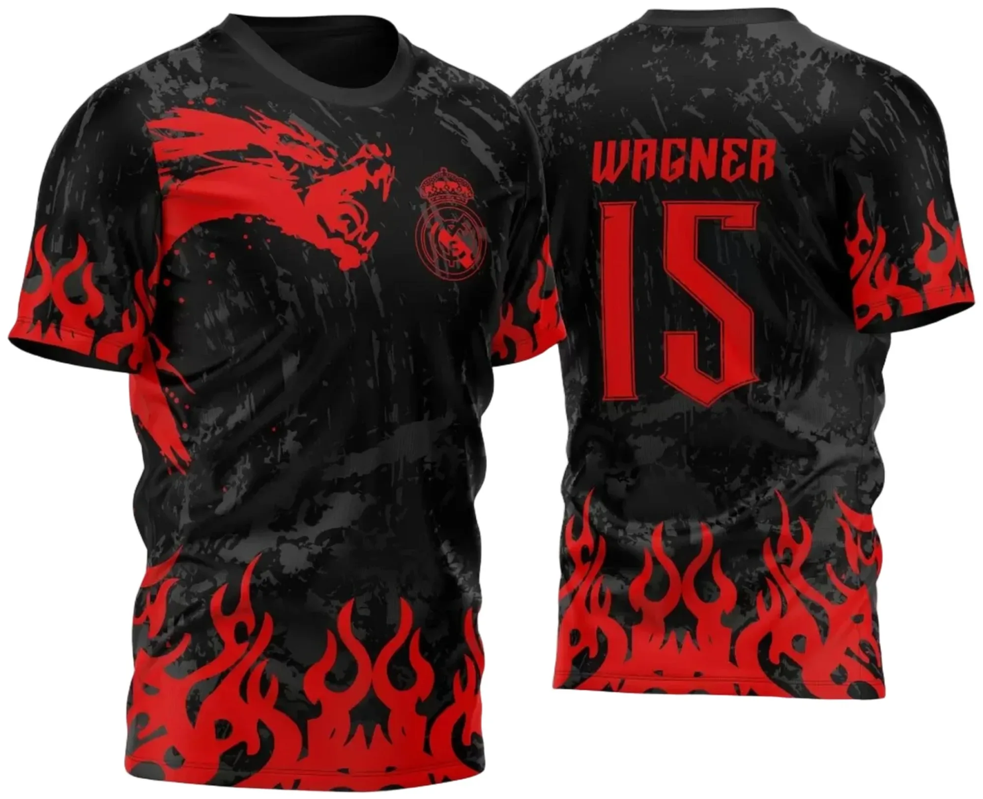 Camiseta unissex vermelha com logo no peito e estampa grande nas costas de dragão pincel inspirado no Real Madrid 2023, estilo para evento InterClasse.