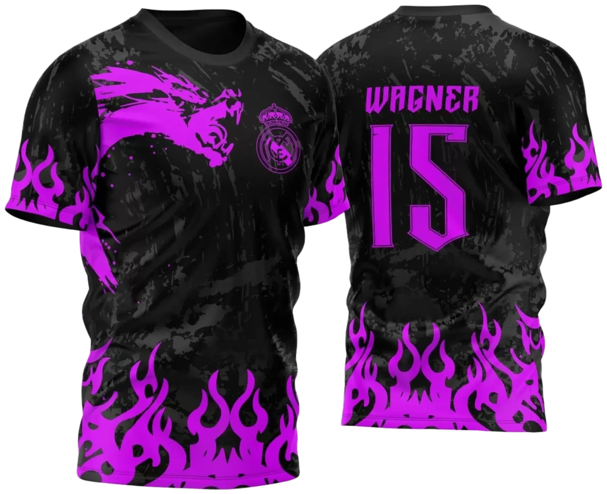 Camiseta unissex preta com logo no peito e estampa grande nas costas mostrando pincelada com dragão estilo Real Madrid 2023 rosa, perfeita para fãs e esportistas