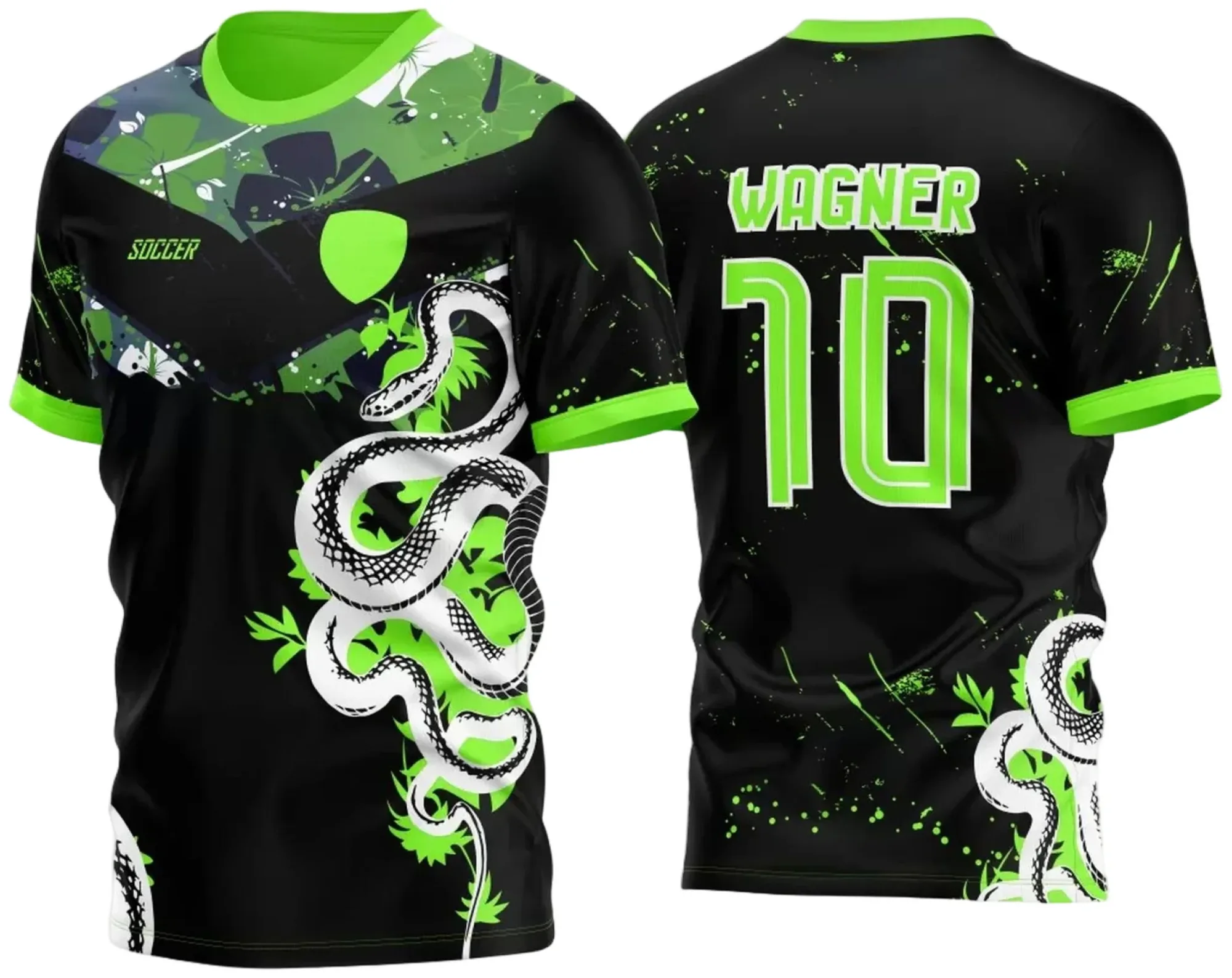 Camiseta preta unissex com logo no peito e estampa grande nas costas com tema floral e cobra, destacando elegância e estilo único.