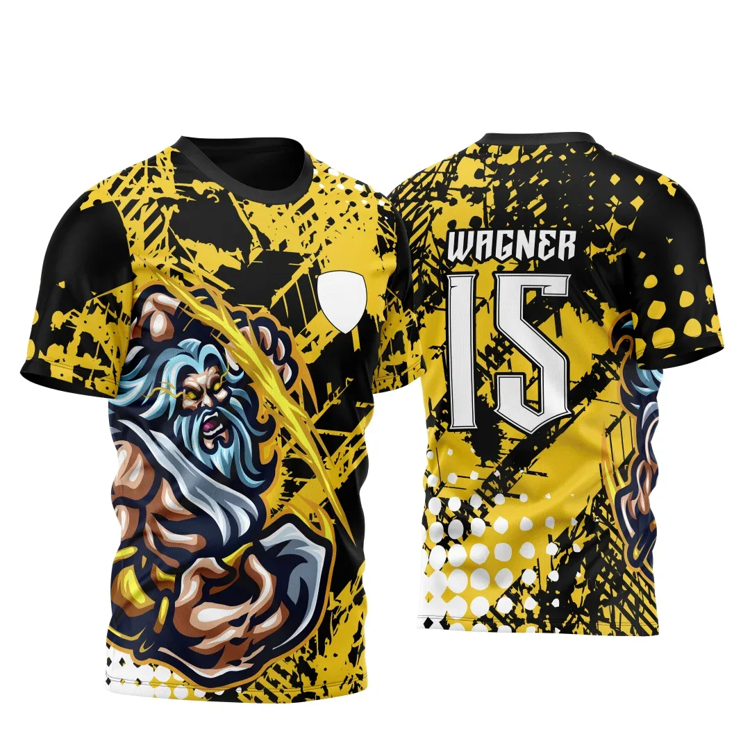 Camiseta unissex preta com logo no peito e estampa grande nas costas inspirada em Zeus Ataque Raio 2023, ideal para fãs do tema e eventos relacionados