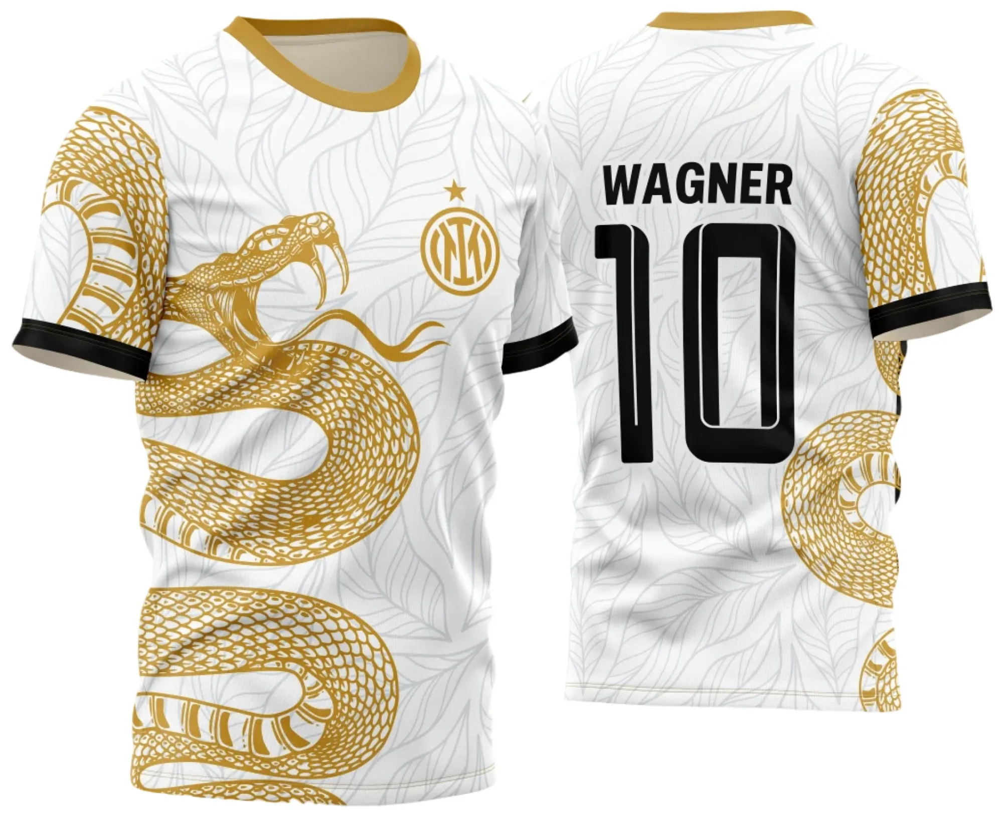 Camiseta unissex preta com logo no peito e estampa grande nas costas que mostra uma cobra dourada atacando entre folhas, combinando estilo marcante e visual impactante.