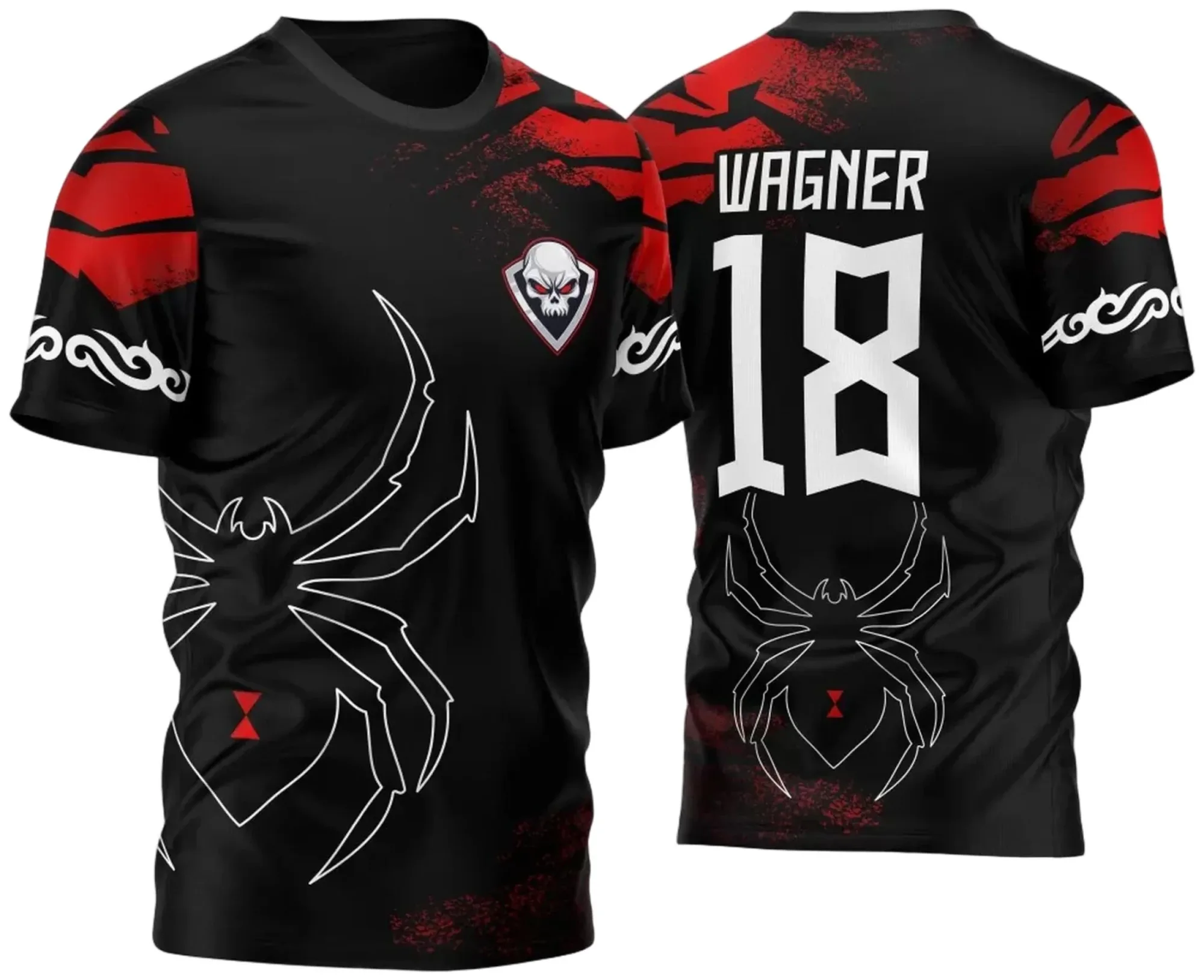 Camiseta unissex preta com logo no peito e estampa grande nas costas, tema Aranha Viúva Negra 2023, perfeita para fãs que querem estilo e conforto.