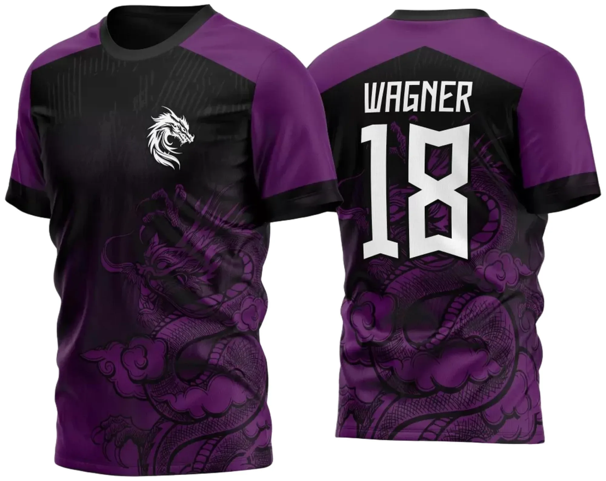 Camiseta unissex preta com logo no peito e estampa grande nas costas apresentando dragão em degradê roxo na fumação, estilo moderno e atraente, perfeita para fãs do tema InterClasse 2023.