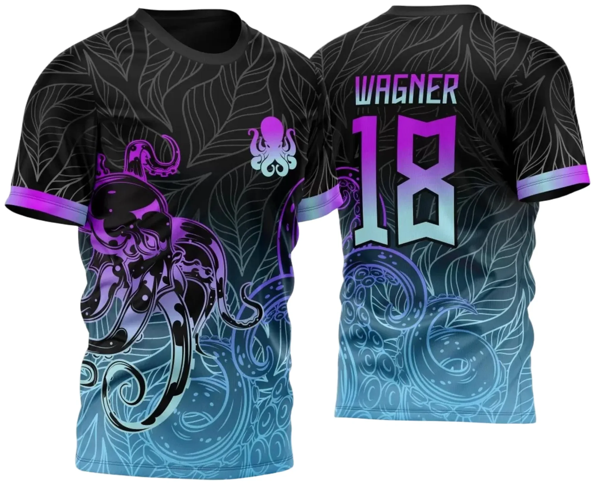 Camiseta unissex preta com logo no peito e estampa grande nas costas mostrando um polvo em ataque com degrade roxo vibrante para evento InterClasse 2023.