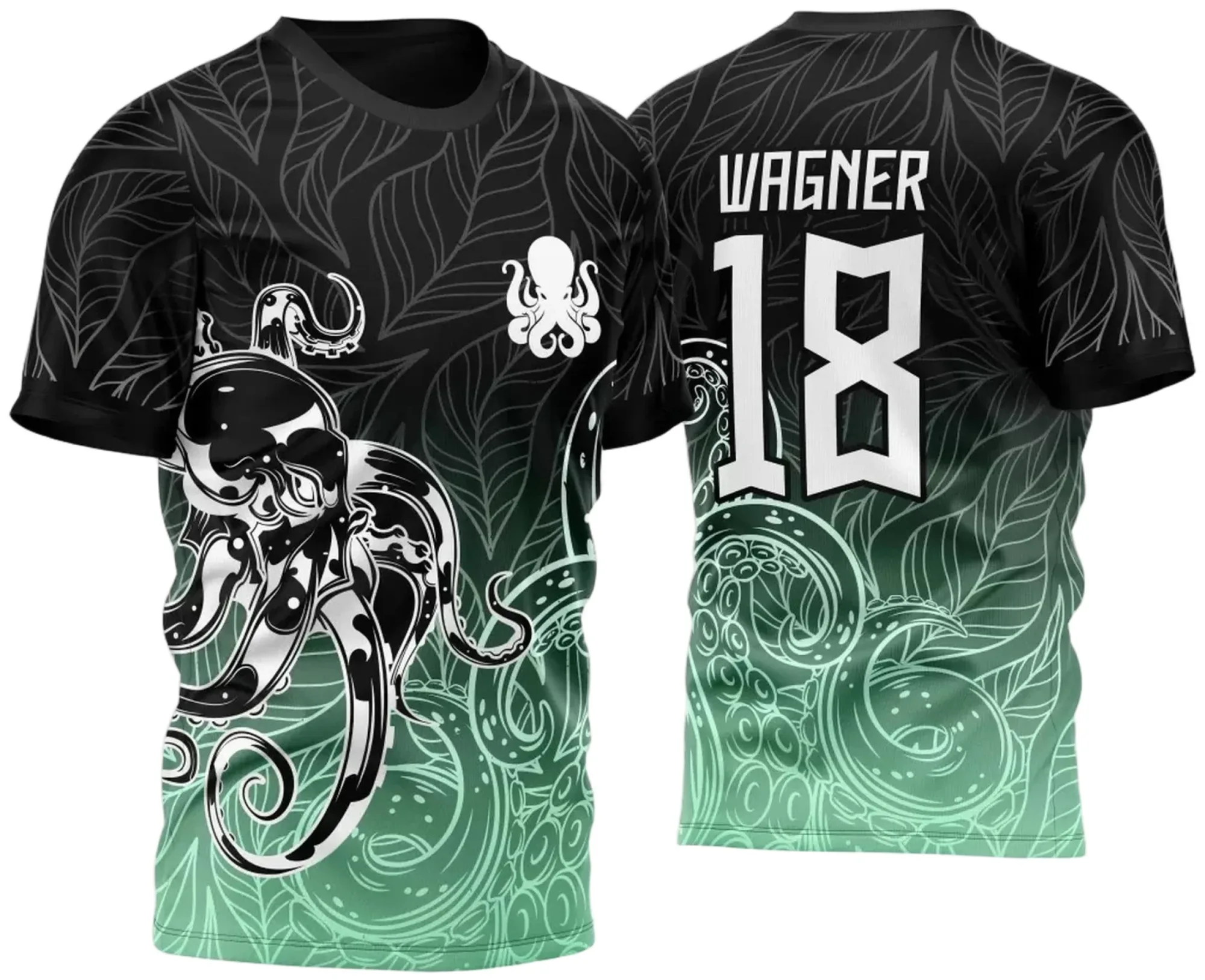 Camiseta unissex preta com logo no peito e estampa grande nas costas mostrando um polvo em ataque com efeito degrade na cor, perfeita para eventos InterClasse 2023.