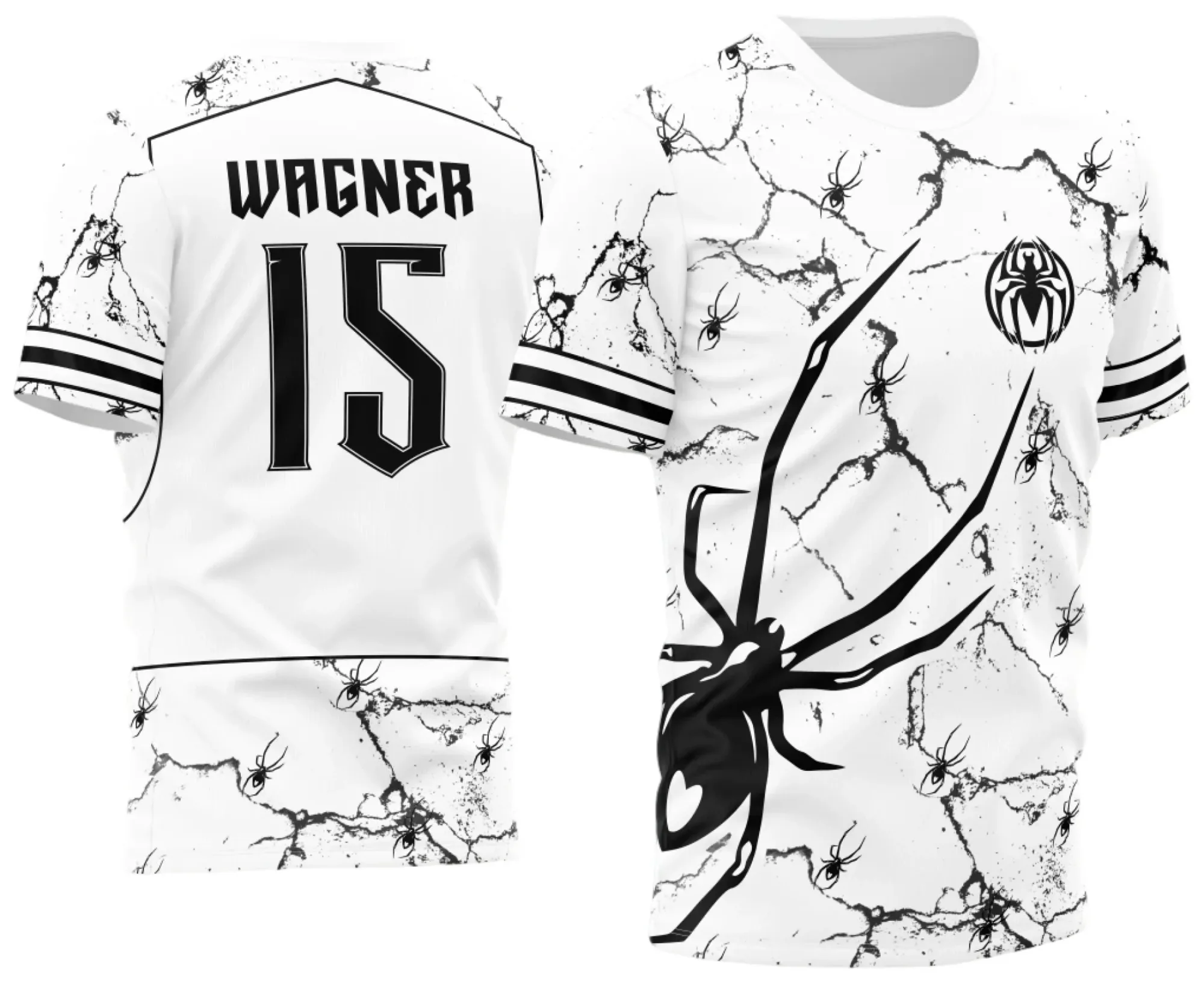 Camiseta unissex preta com logo no peito e estampa grande nas costas inspirada na Aranha Spide InterClasse 2023.