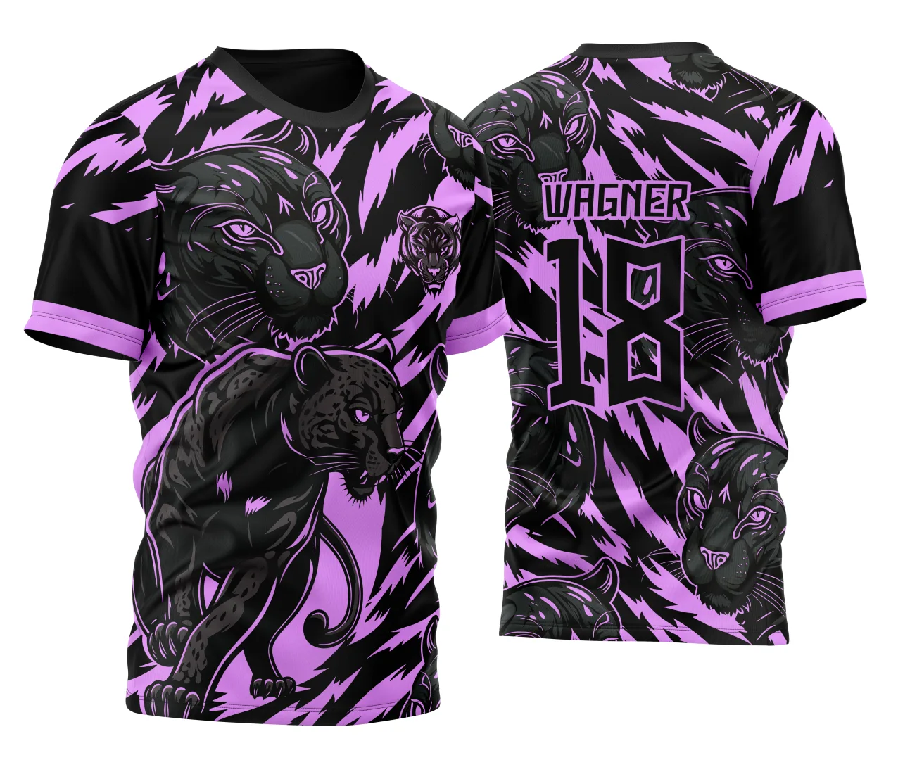 Camiseta unissex preta com logo no peito e estampa grande nas costas mostrando Pantera Negra com fundo de tigre em rosa, estilo marcante e moderno.
