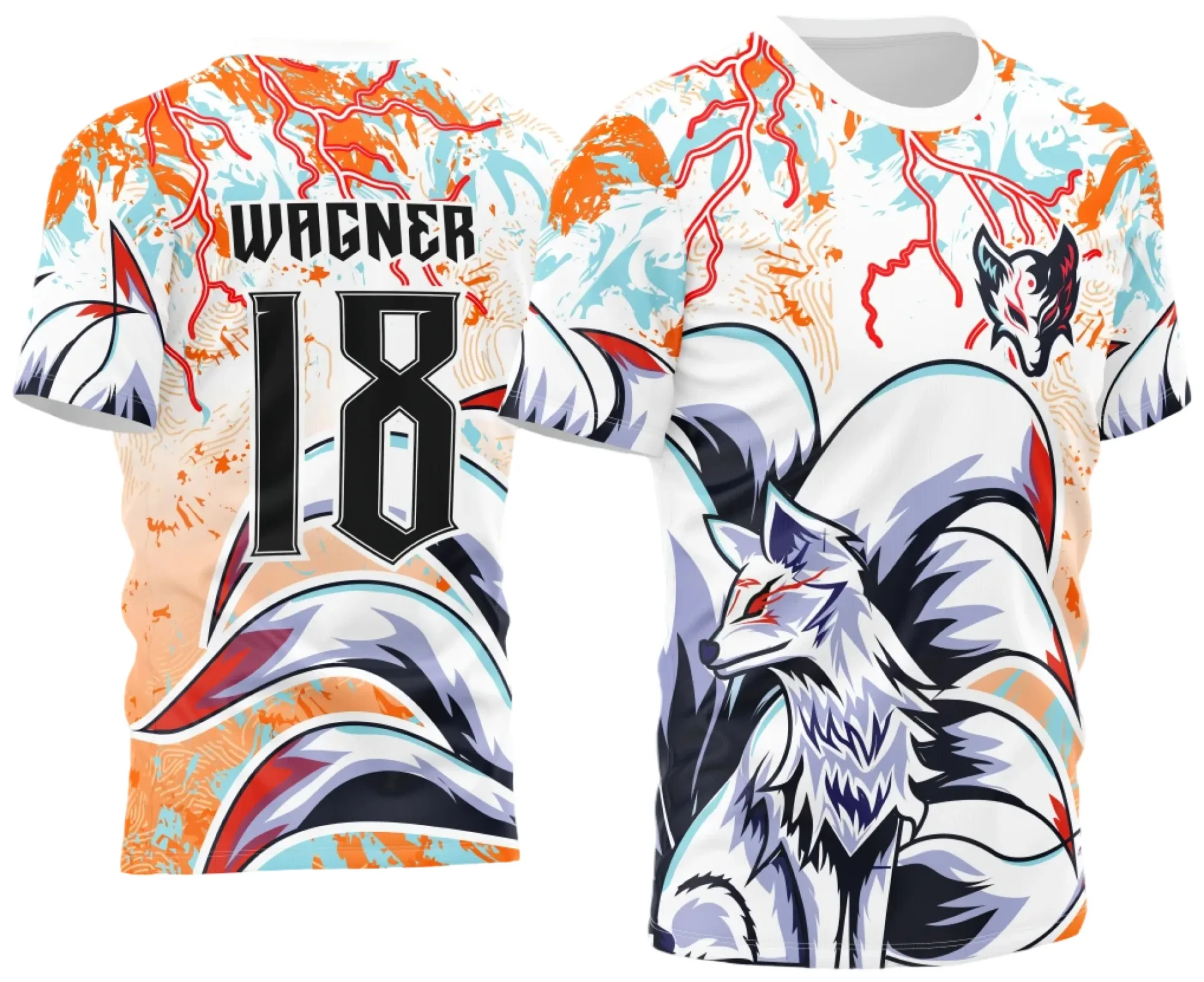 Camiseta unissex preta com logo no peito e estampa grande nas costas inspirada na Raposa de Nove Caudas, ideal para eventos InterClasse 2023 com design moderno e atraente.