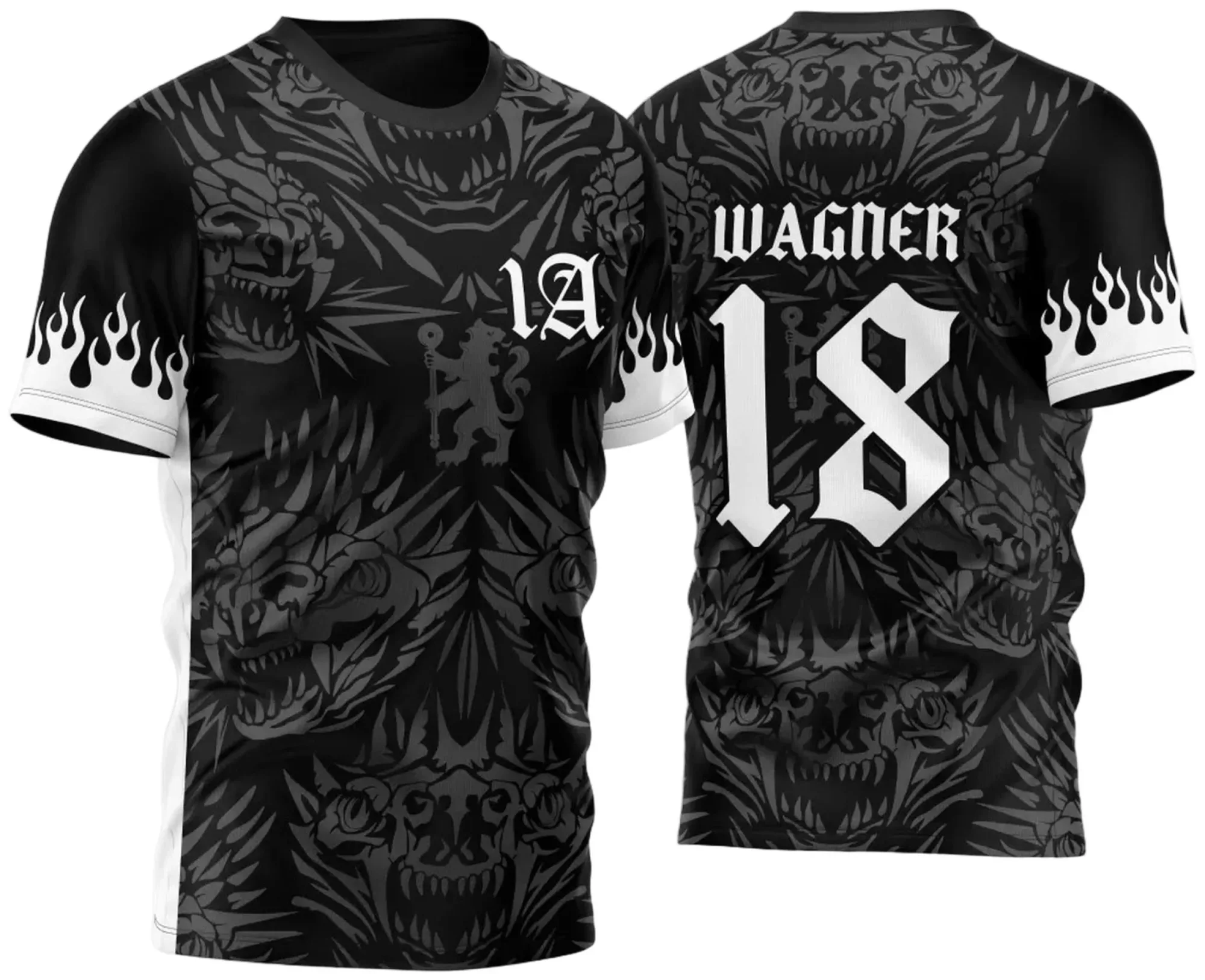 Camiseta unissex preta com logo no peito e estampa grande nas costas mostrando ossos de dragão em estilo Chelsea 2023, ideal para fãs de design intenso e temático.