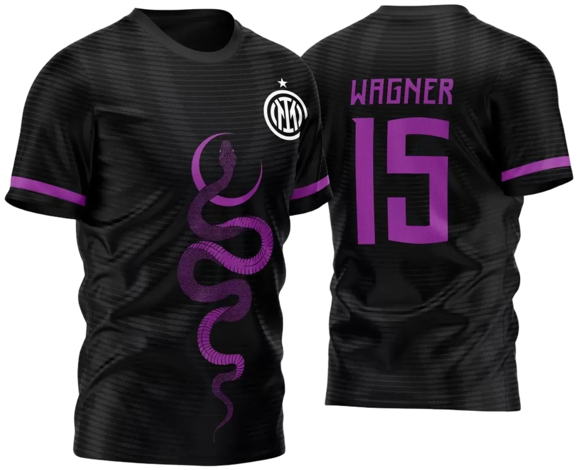 Camiseta unissex preta com logo no peito e estampa grande nas costas do InterClasse Inter de Milão Serpente 2023, design moderno e cheio de personalidade para fãs de futebol