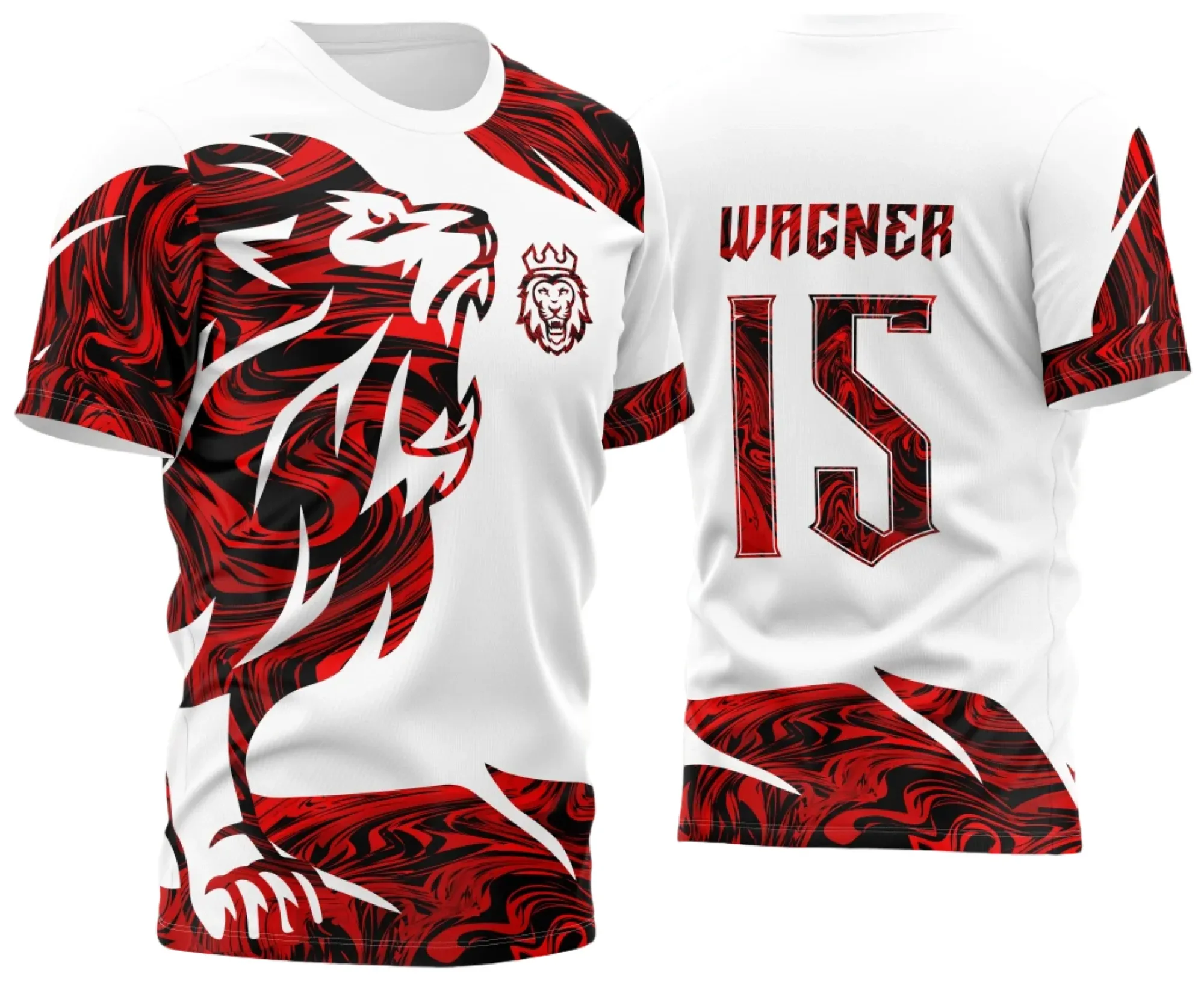 Camiseta unissex preta com logo no peito e estampa grande nas costas mostrando leão em pintura líquida vermelha, design moderno e ousado, ideal para grupos e eventos.