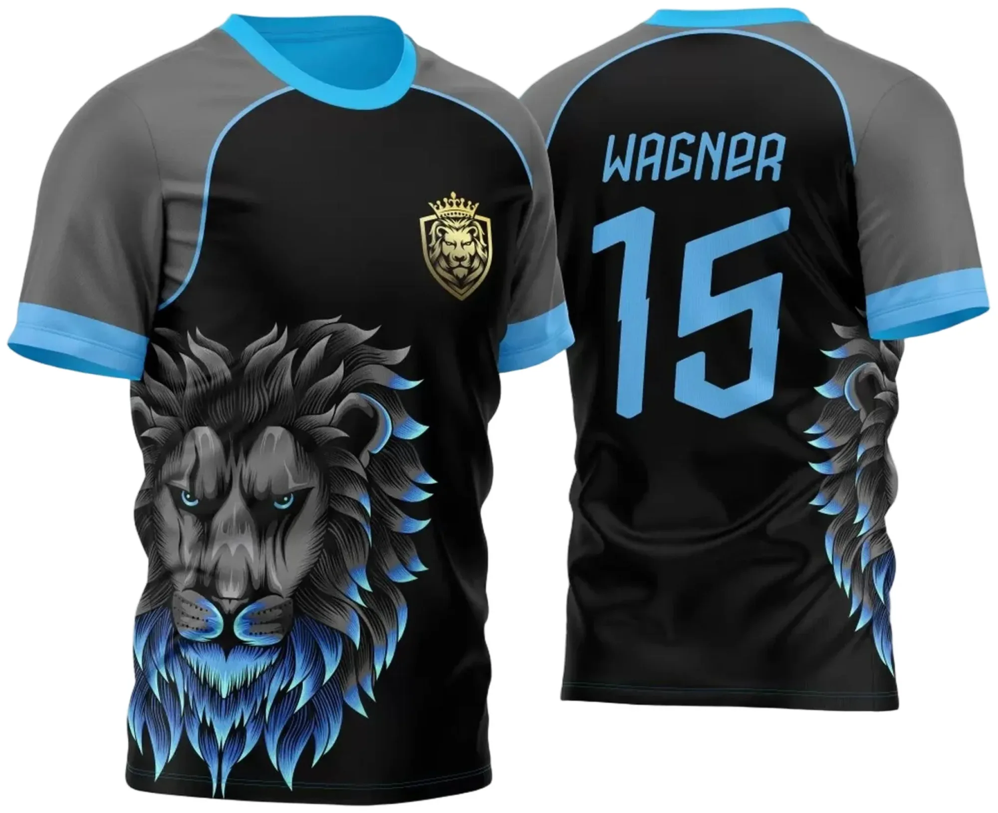 Camiseta unissex com logo no peito e estampa grande nas costas, tema Leão Sobra Azul 2023, cor base preta, estilo moderno para eventos InterClasse.