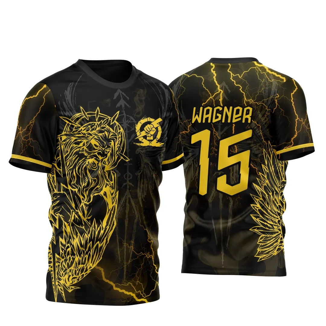 Camiseta unissex preta com logo no peito e estampa grande nas costas exibindo tema Zeus Raios, design moderno em amarelo vibrante, ideal para InterClasse 2023.