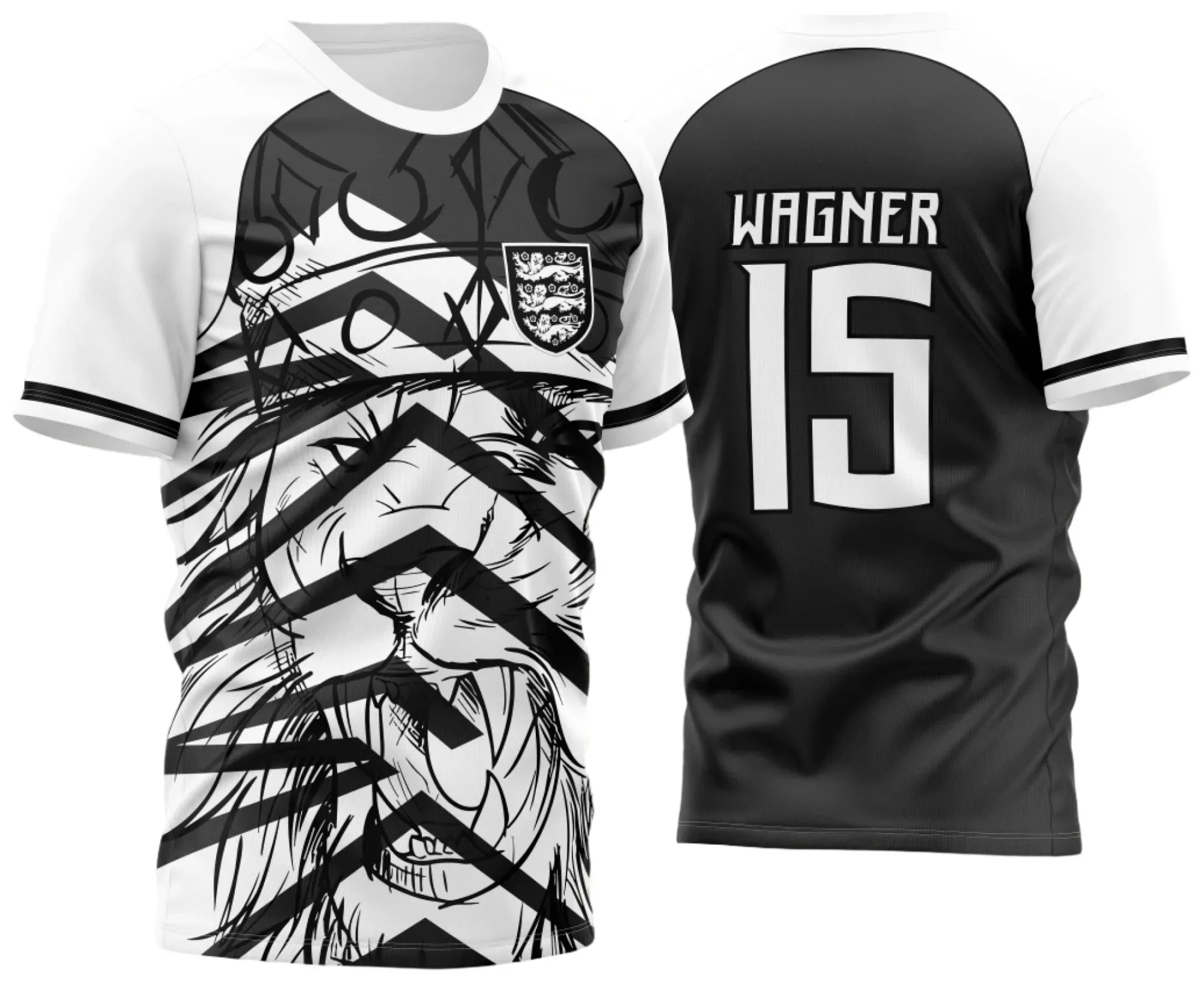Camiseta unissex preta com logo no peito e estampa grande nas costas inspirado na InterClasse Inglaterra Leão 2023, design impactante e moderno para fãs e torcedores.