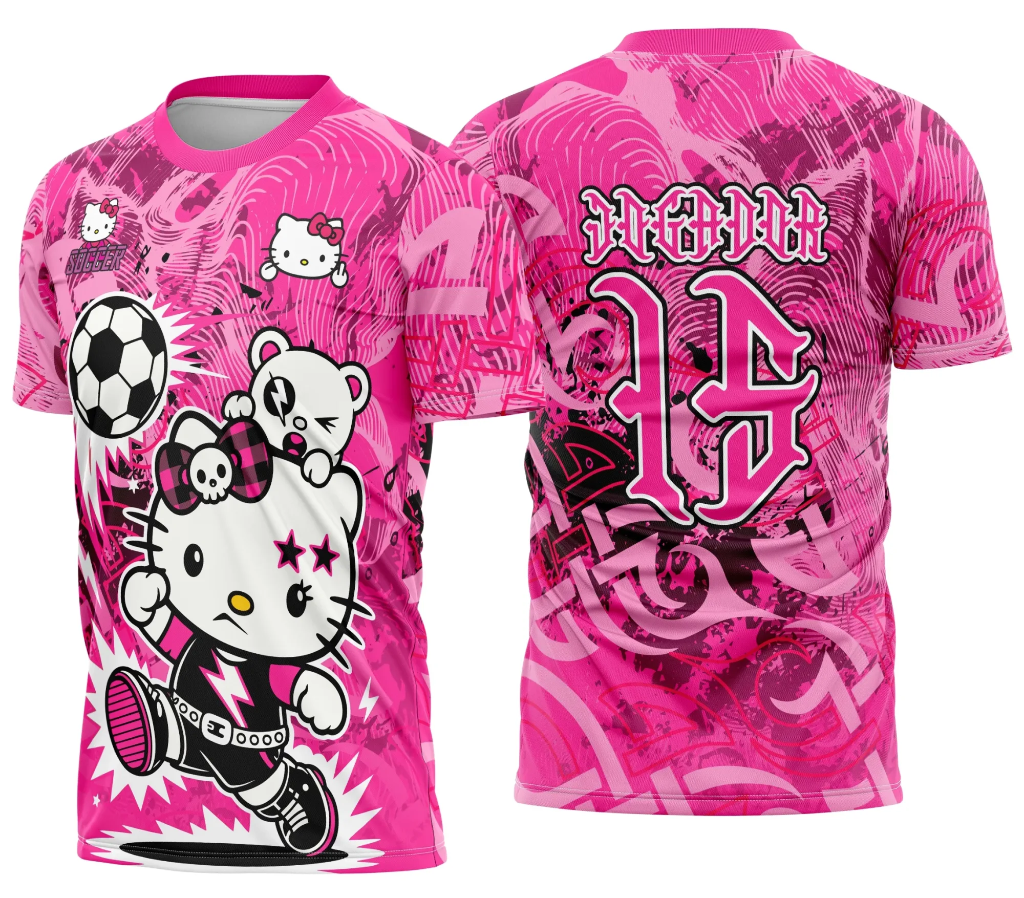 Camiseta unissex preta com logo no peito e estampa grande nas costas com tema Hello Kitty Punk Interclasse, ideal para estilo urbano e descolado, perfeita para eventos escolares e informais.