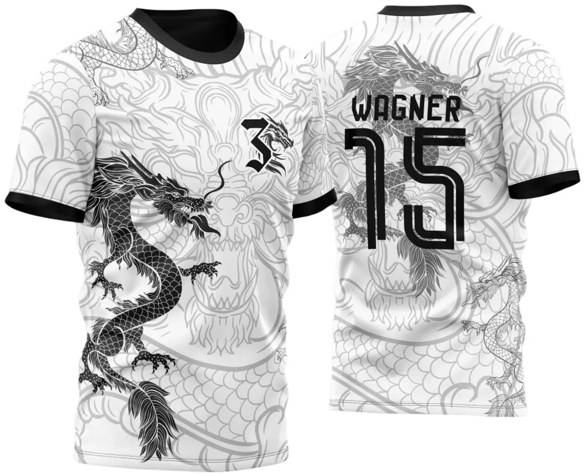 Camiseta unissex branca com logo no peito e estampa grande nas costas mostrando um dragão chinês clássico, perfeita para fãs de artes orientais e eventos culturais.