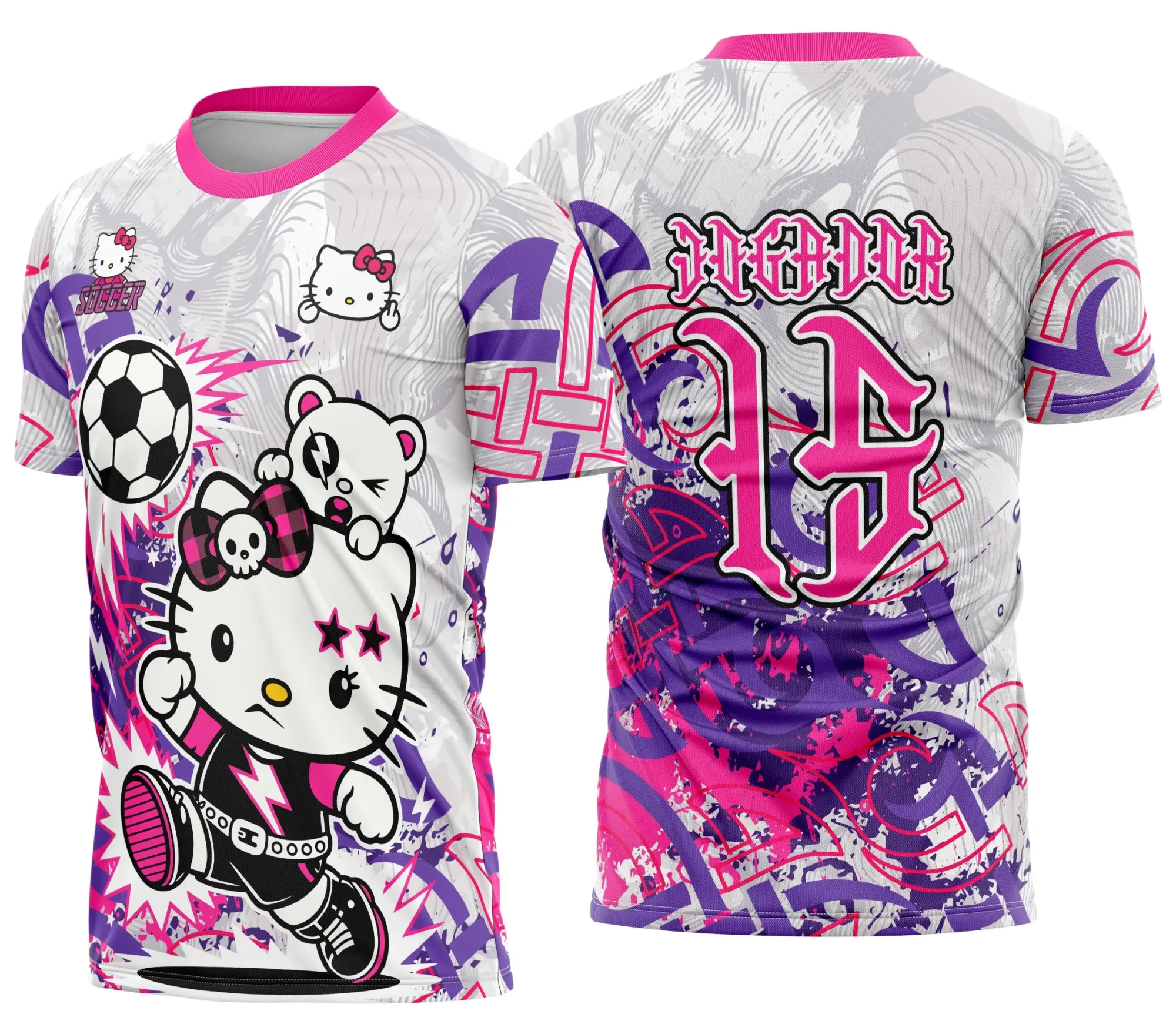 Camiseta unissex preta com logo no peito e estampa grande nas costas de Hello Kitty em estilo punk, perfeita para eventos interclasse com visual descolado e moderno.