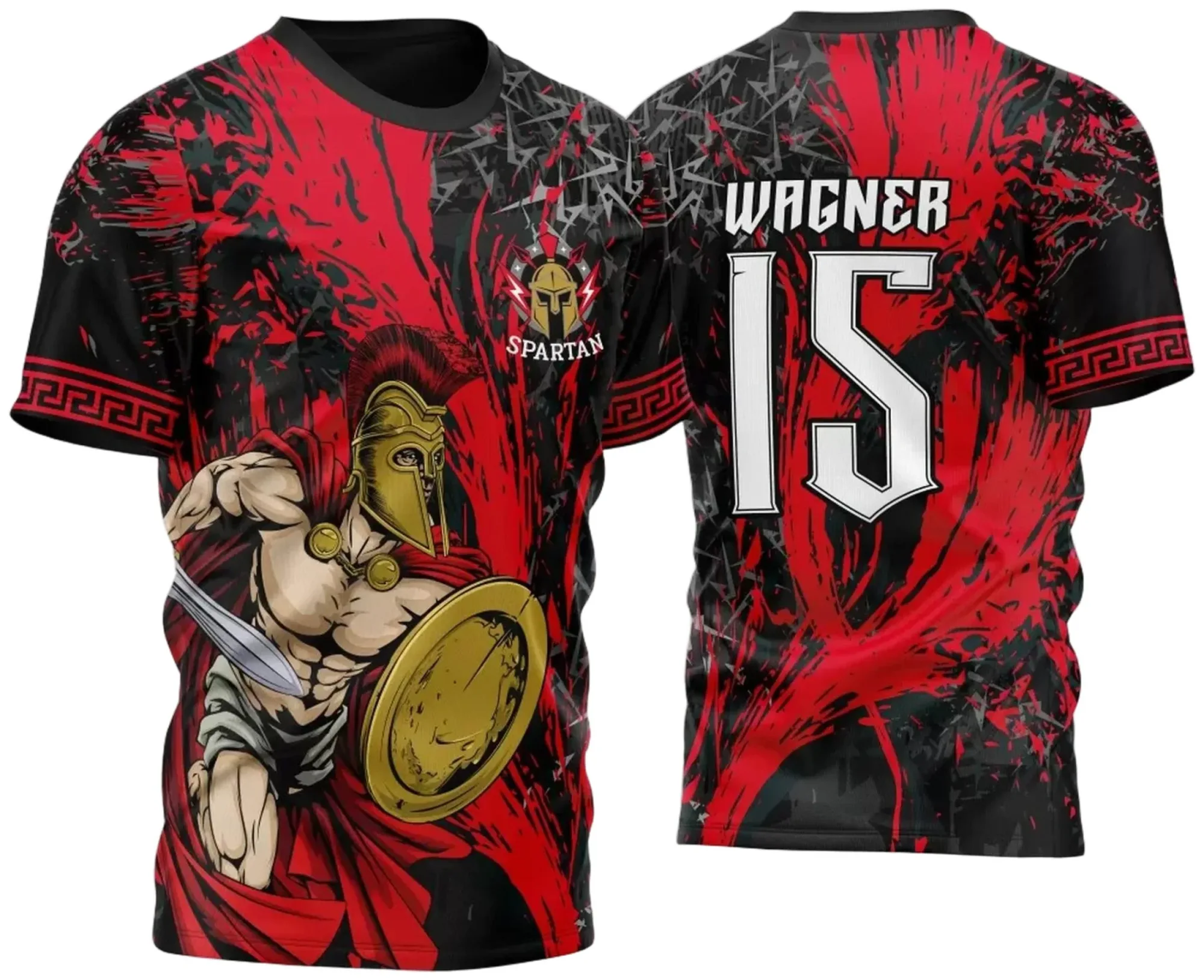 Camiseta unissex preta com logo no peito e estampa grande nas costas exibindo o tema Camisa InterClasse Spartanos 2023 Modelo 2, perfeita para fãs e participantes do evento.