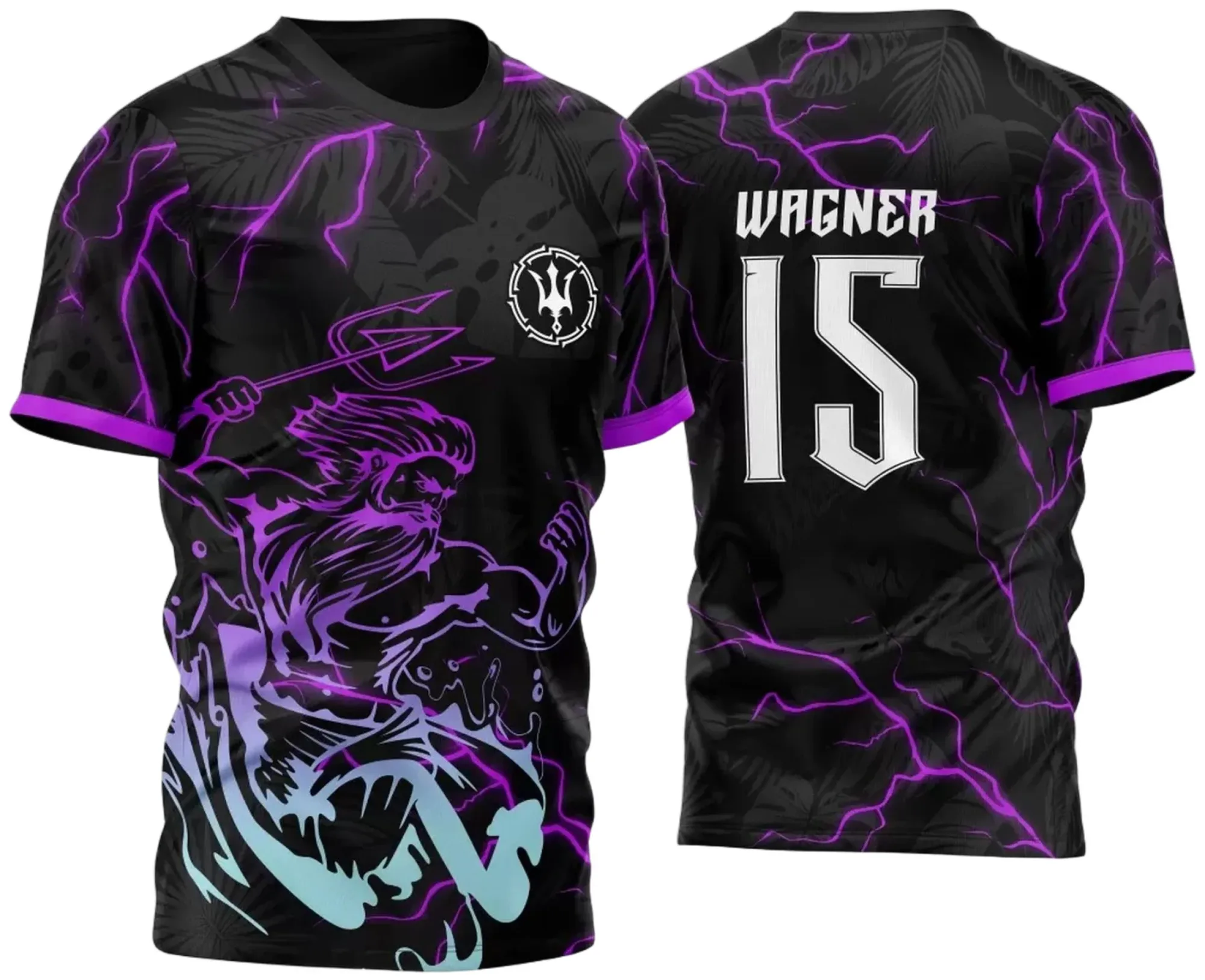 Camiseta unissex preta com logo no peito e estampa grande nas costas inspirada em InterClasse Poseidon Raios 2023, design moderno e vibrante, ideal para eventos e uso casual.