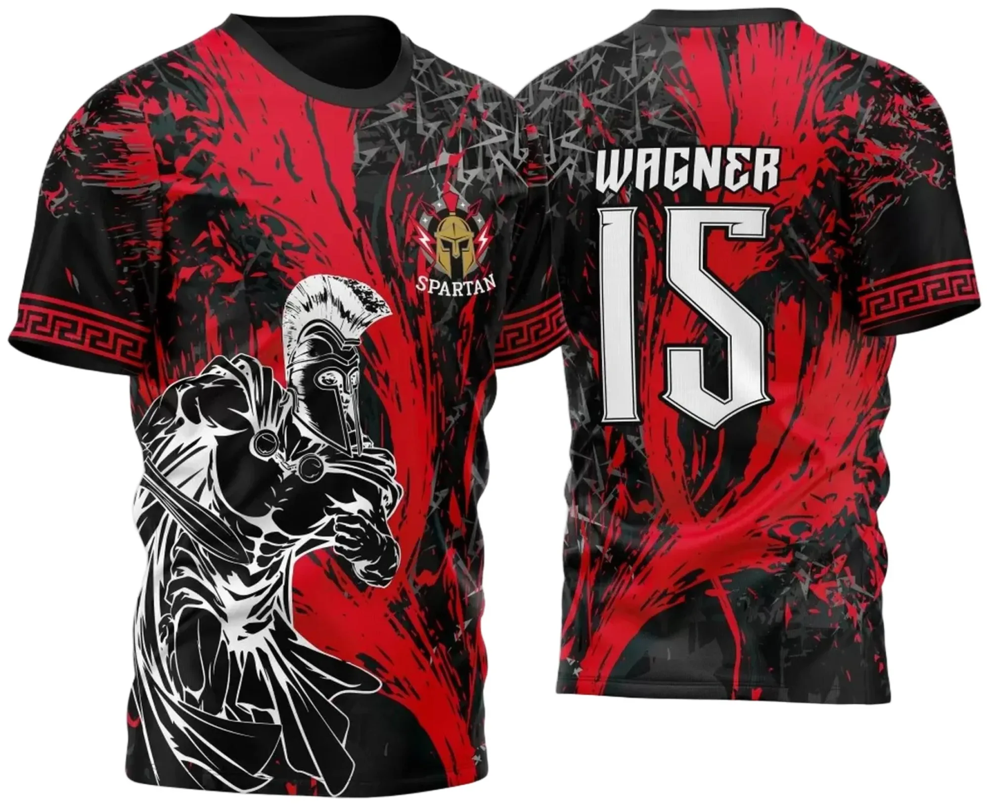 Camiseta unissex preta com logo no peito e estampa grande nas costas do tema InterClasse Spartanos 2023, perfeita para quem busca estilo e identidade única.