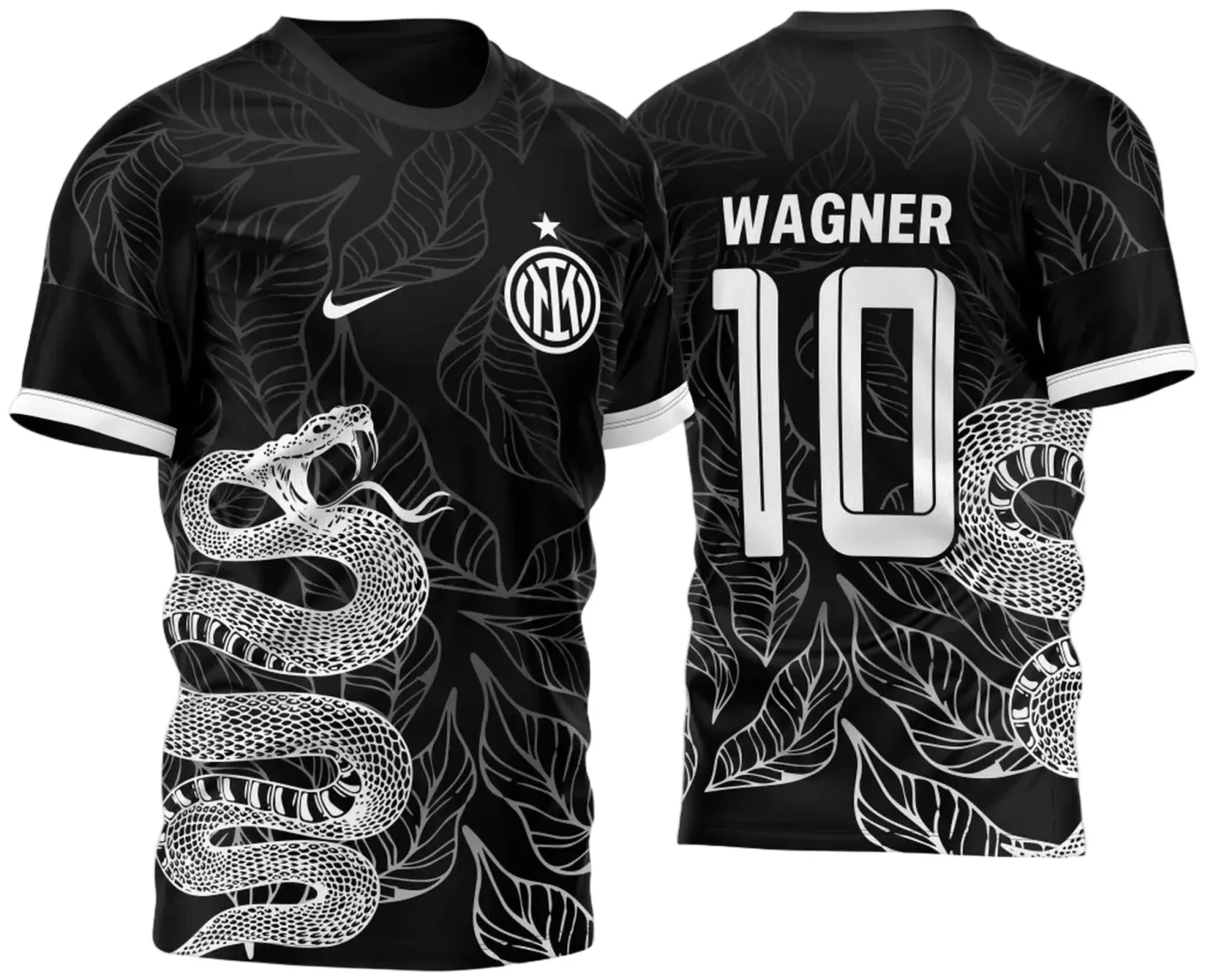 Camiseta unissex preta com logo no peito e estampa grande nas costas apresentando o tema Cobra Ataque Folhas 2023, perfeita para quem gosta de estilo marcante e contemporâneo.