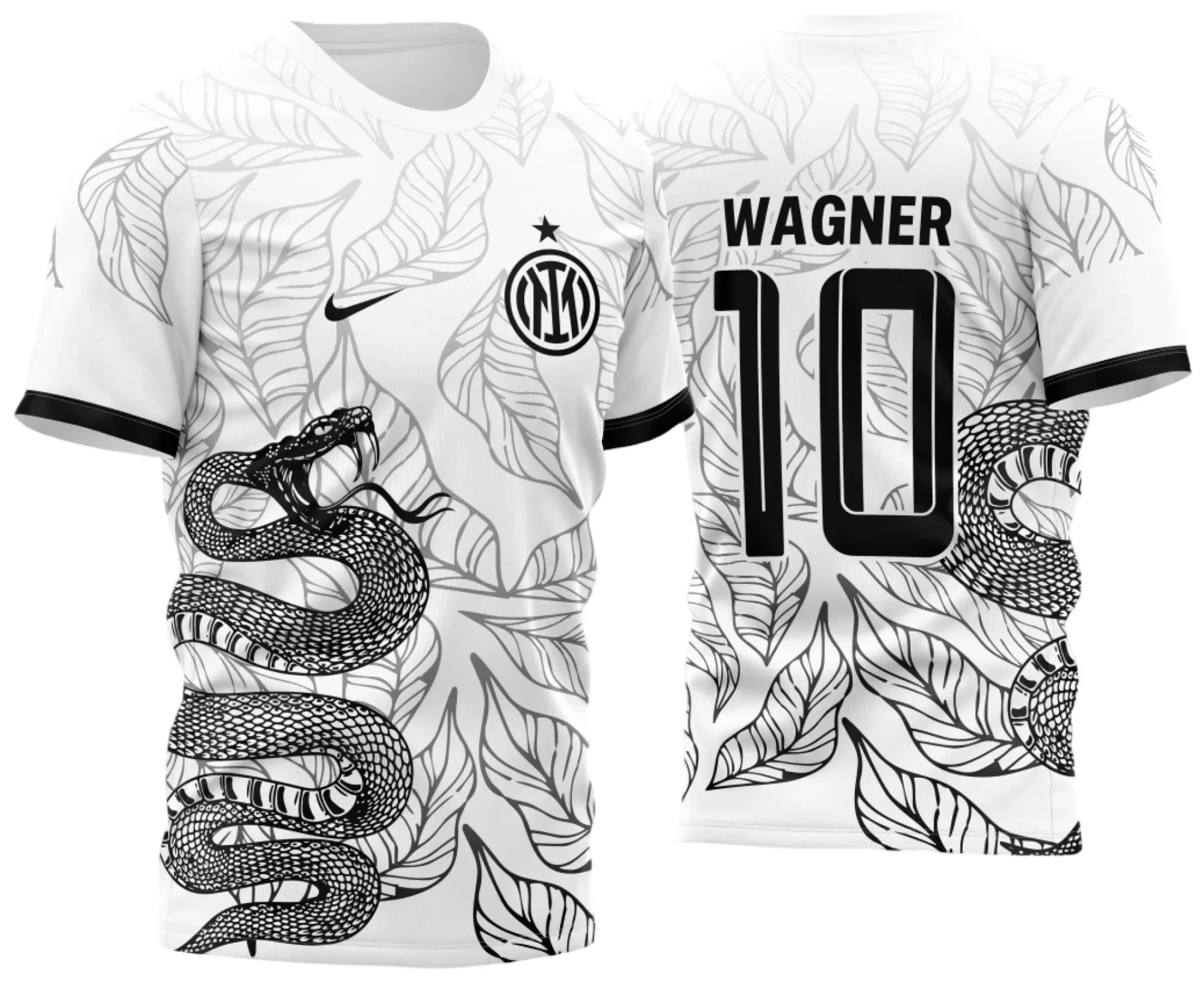 Camiseta branca unissex com logo no peito e estampa grande nas costas mostrando uma cobra atacando entre folhas, tema InterClasse 2023, perfeita para quem busca estilo marcante e moderno.